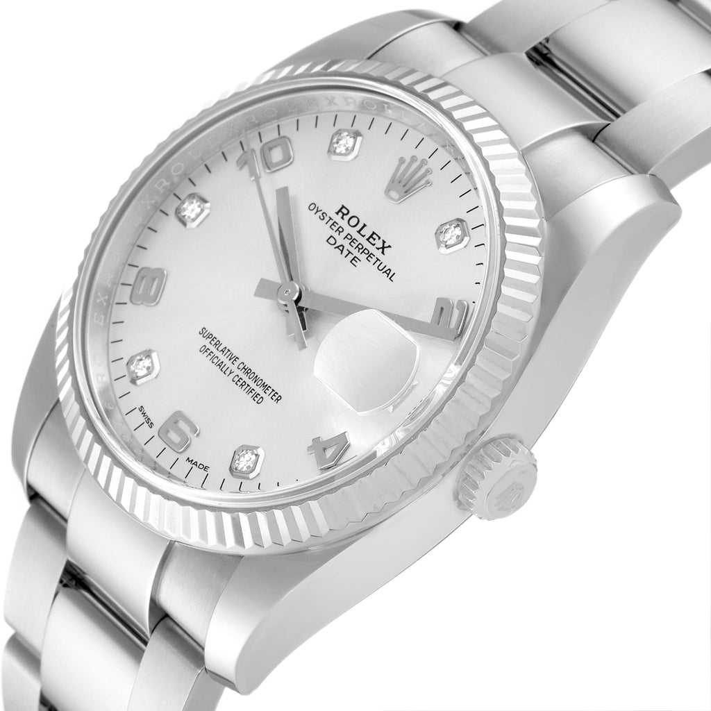 Rolex Date 34 Steel White Gold Diamond Dial Mens Watch 115234 Box Card