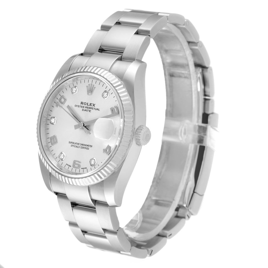 Rolex Date 34 Steel White Gold Diamond Dial Mens Watch 115234 Box Card