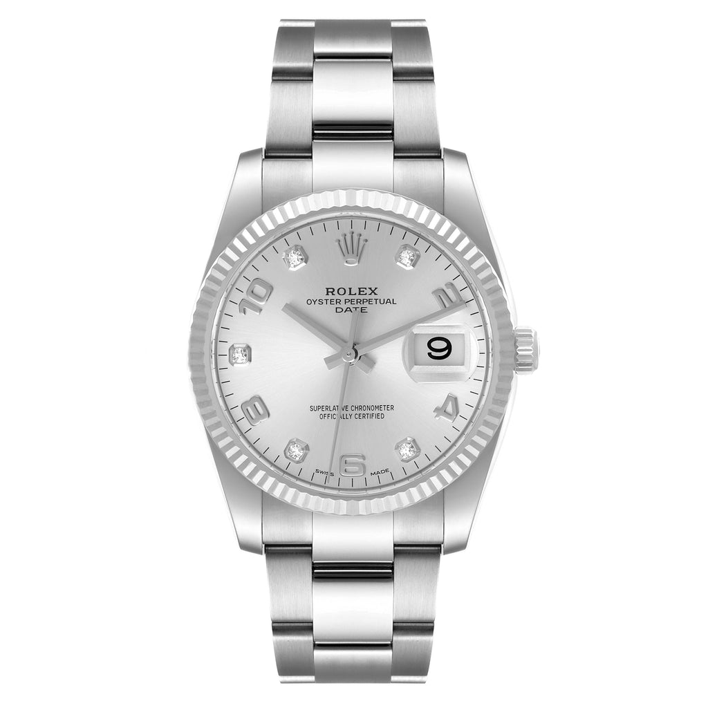 Rolex Date 34 Steel White Gold Diamond Dial Mens Watch 115234 Box Card