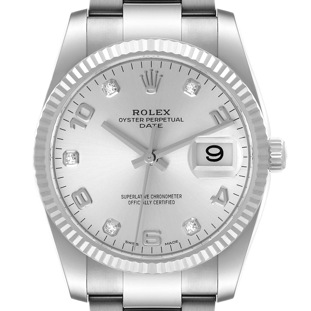 Rolex Date 34 Steel White Gold Diamond Dial Mens Watch 115234 Box Card