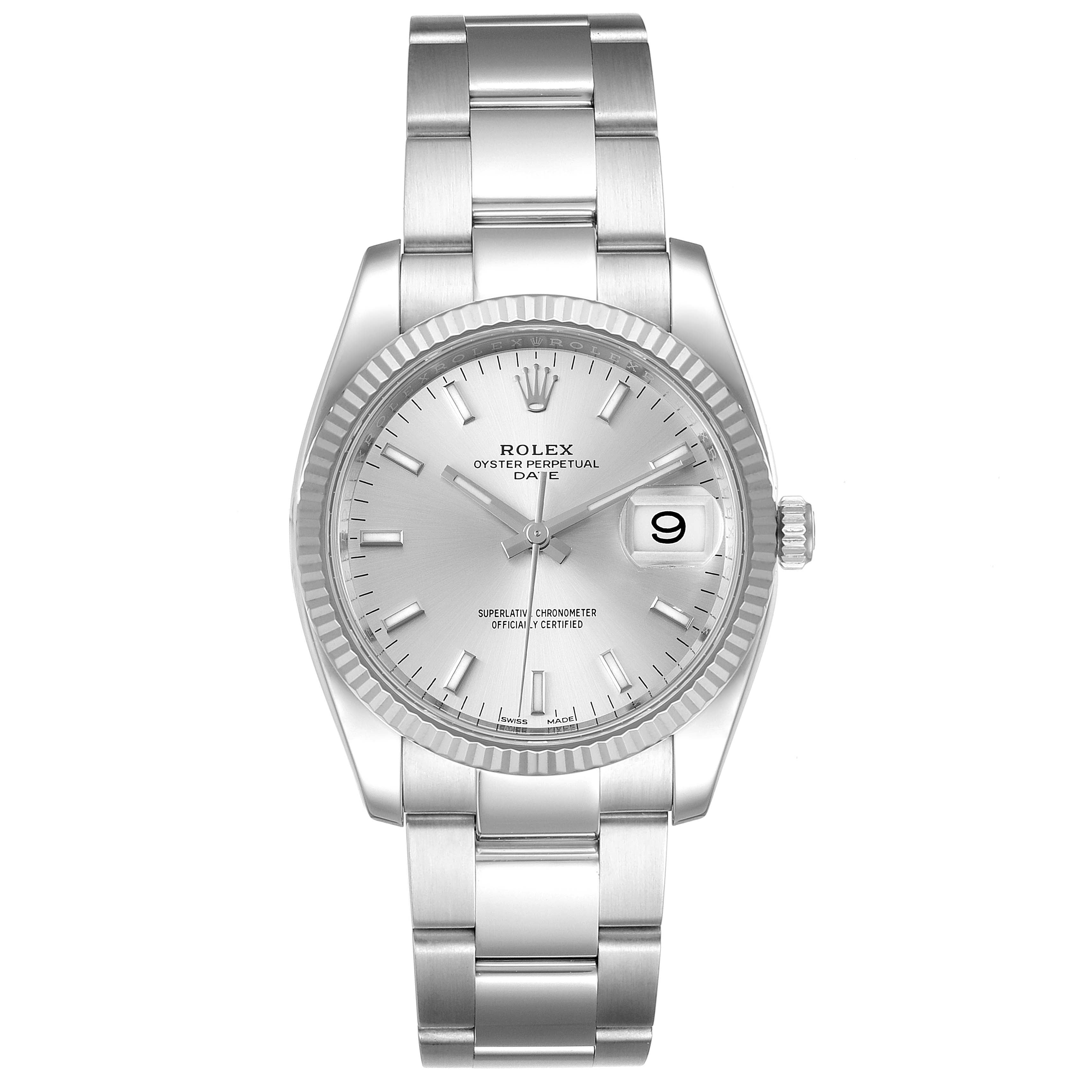 Rolex Date 34 Steel White Gold Silver Dial Mens Watch 115234 Unworn