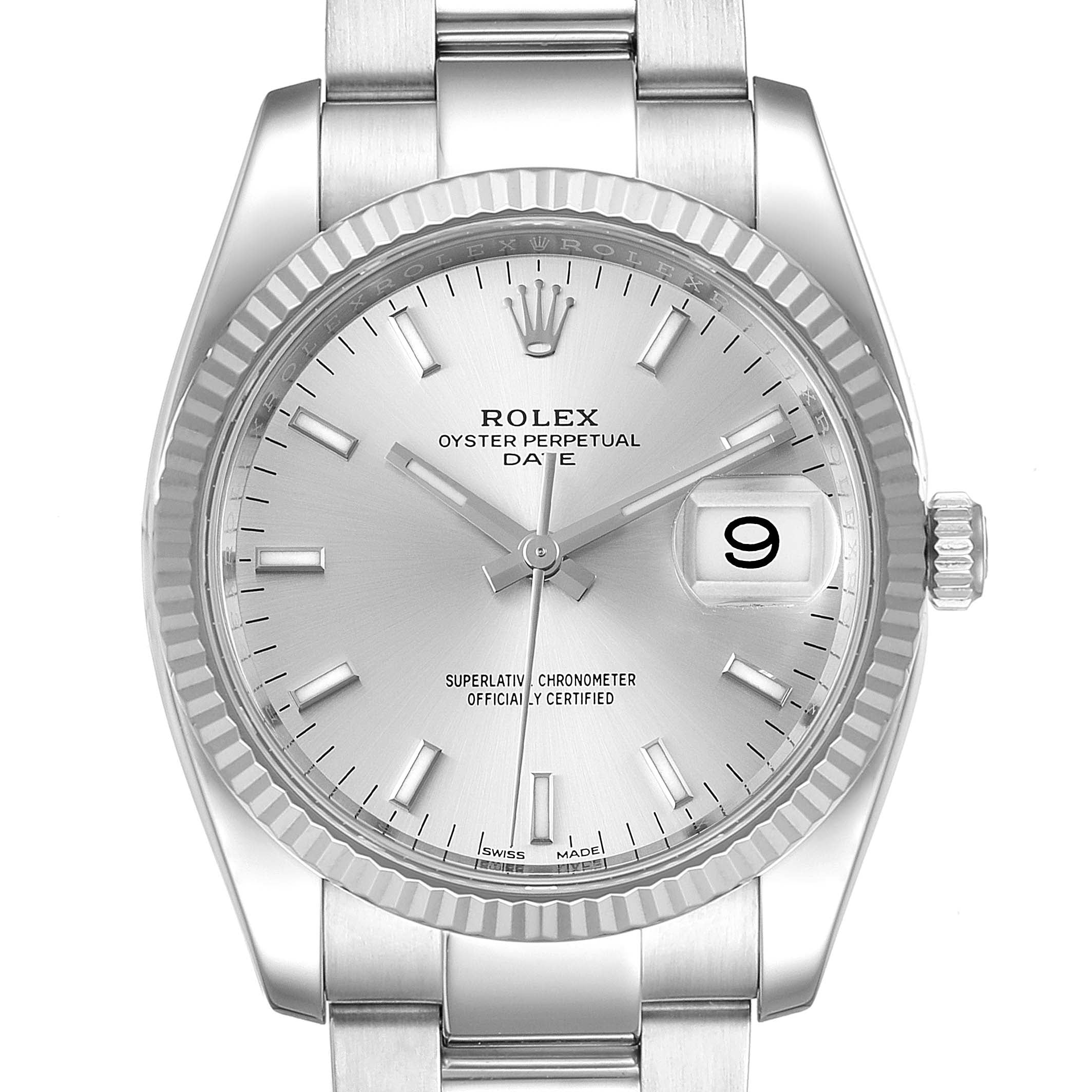 Rolex Date 34 Steel White Gold Silver Dial Mens Watch 115234 Unworn