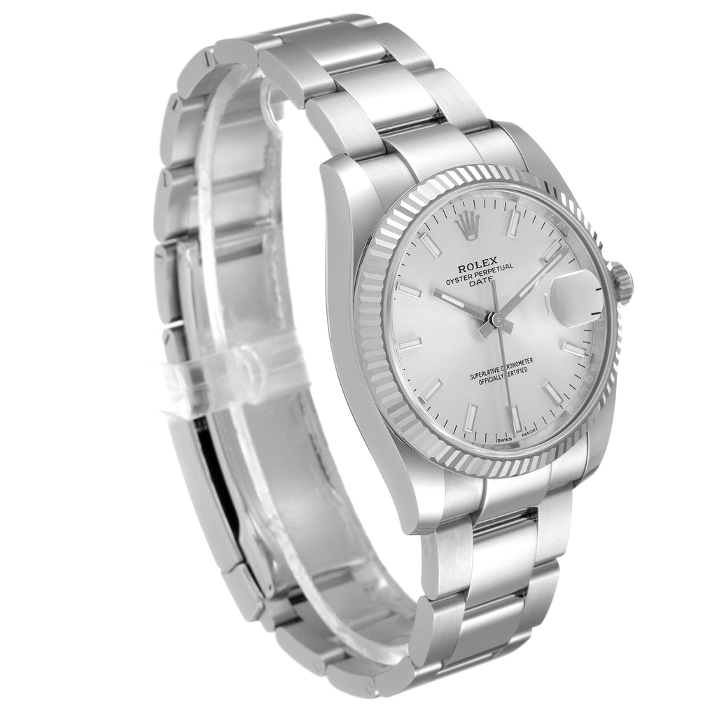 Rolex Date 34 Steel White Gold Silver Dial Mens Watch 115234 Unworn