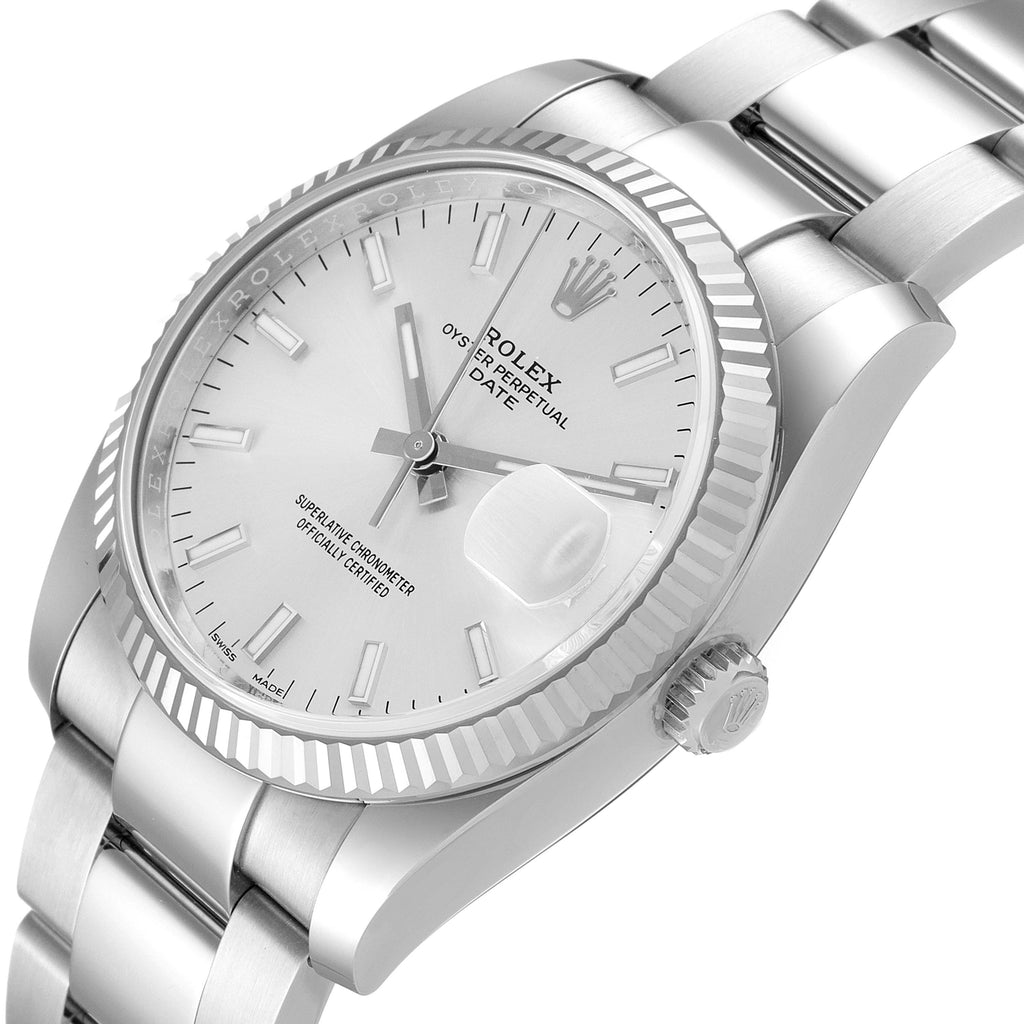 Rolex Date 34 Steel White Gold Silver Dial Mens Watch 115234 Unworn