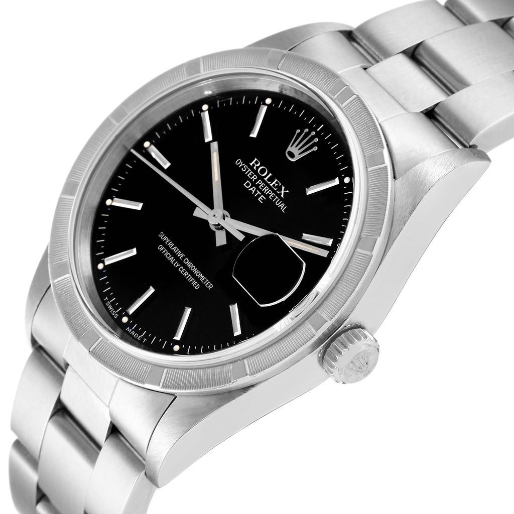 Rolex Date Black Dial Engine Turned Bezel Steel Mens Watch 15210 Papers