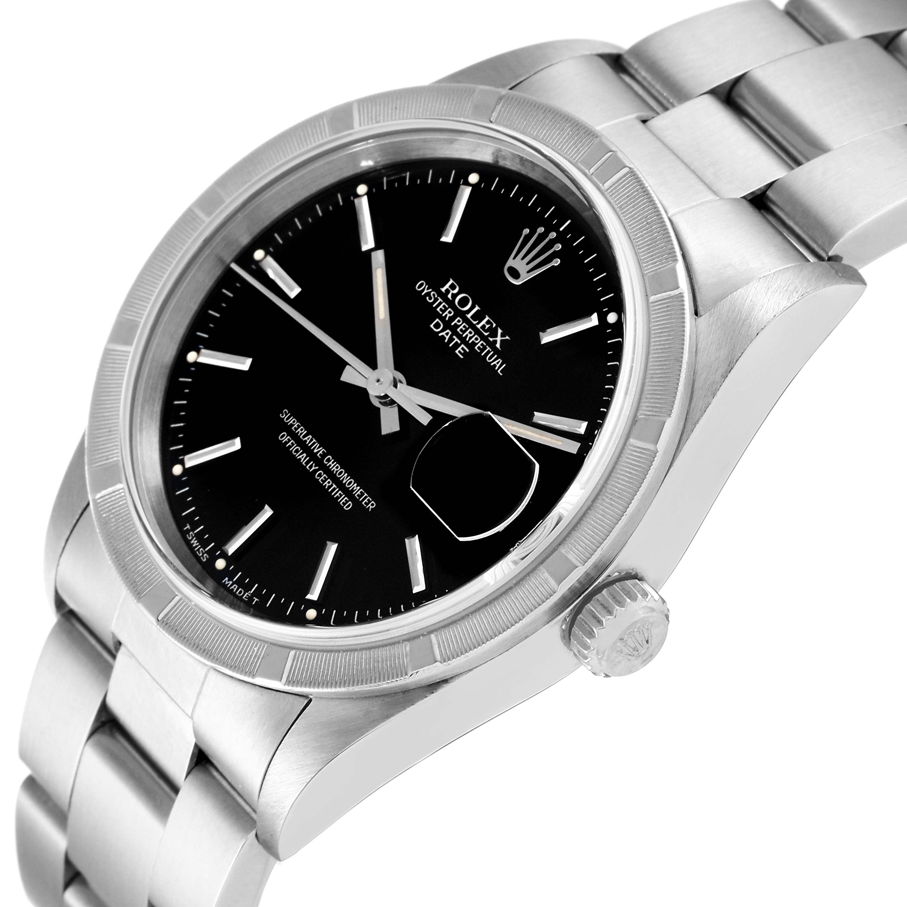 Rolex Date Black Dial Engine Turned Bezel Steel Mens Watch 15210 Papers