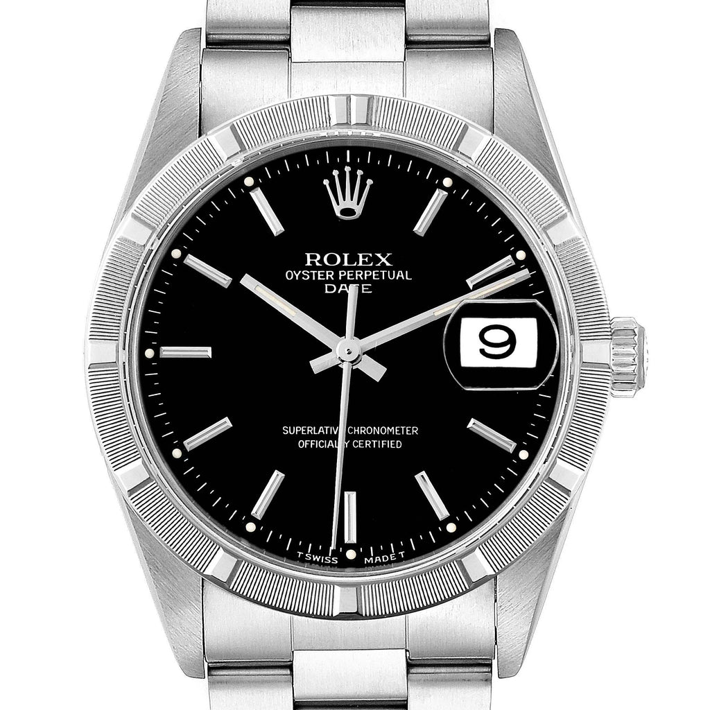 Rolex Date Black Dial Engine Turned Bezel Steel Mens Watch 15210 Papers