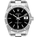 Rolex Date Black Dial Engine Turned Bezel Steel Mens Watch 15210 Papers