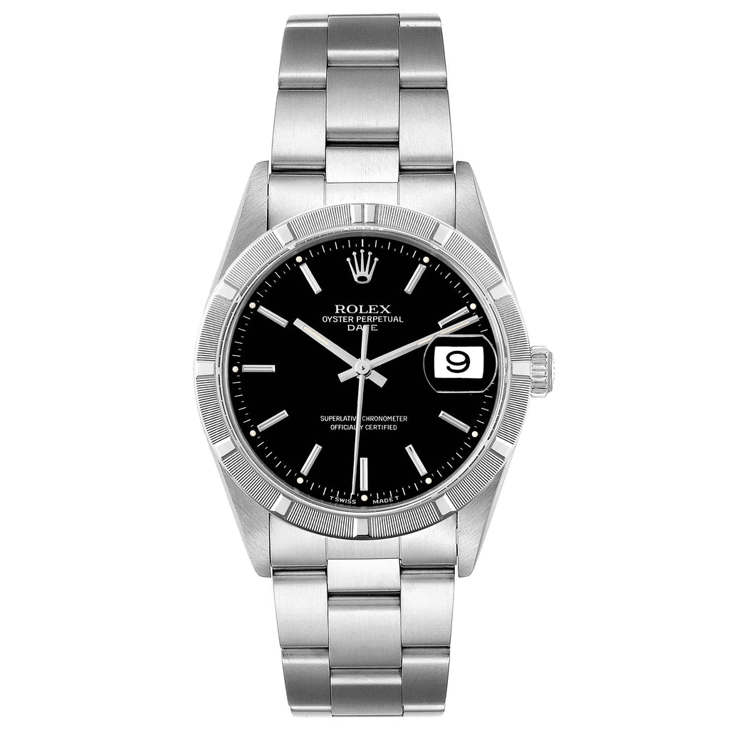 Rolex Date Black Dial Engine Turned Bezel Steel Mens Watch 15210 Papers