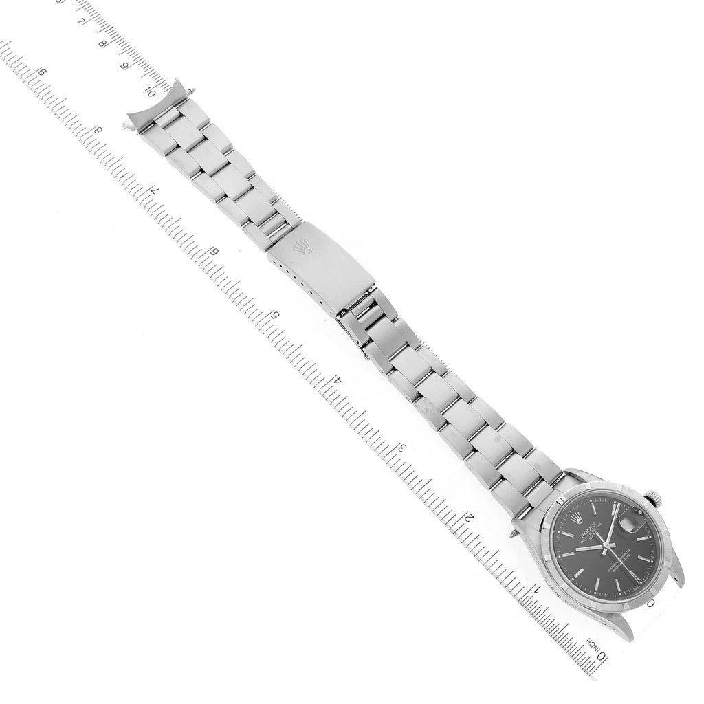 Rolex Date Black Dial Engine Turned Bezel Steel Mens Watch 15210 Papers