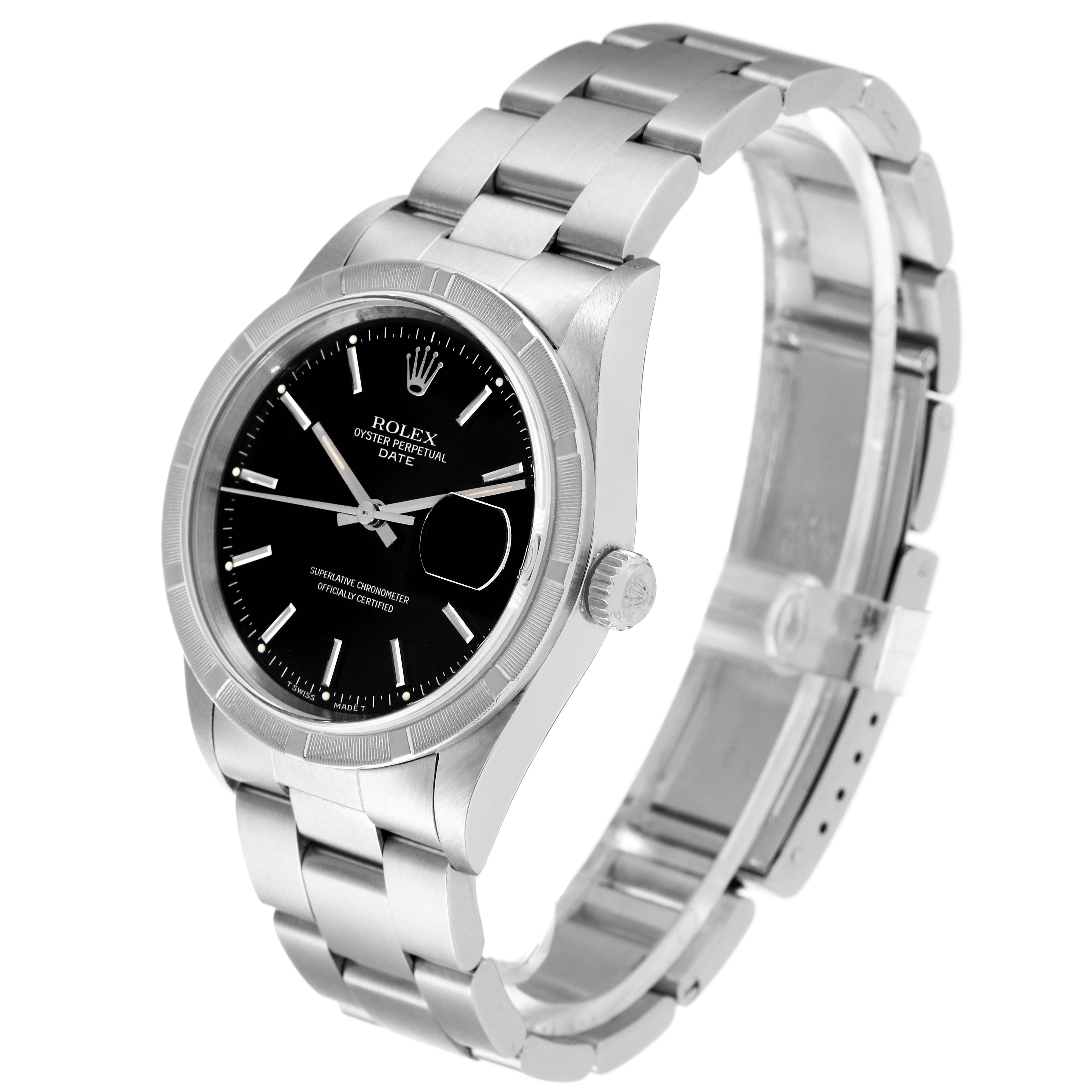 Rolex Date Black Dial Engine Turned Bezel Steel Mens Watch 15210 Papers