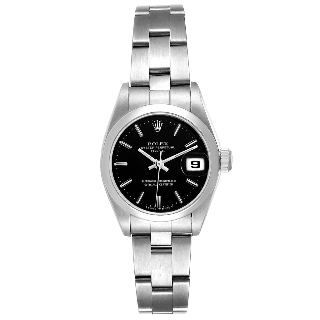 Rolex Date Black Dial Oyster Bracelet Steel Ladies Watch 69160 Papers