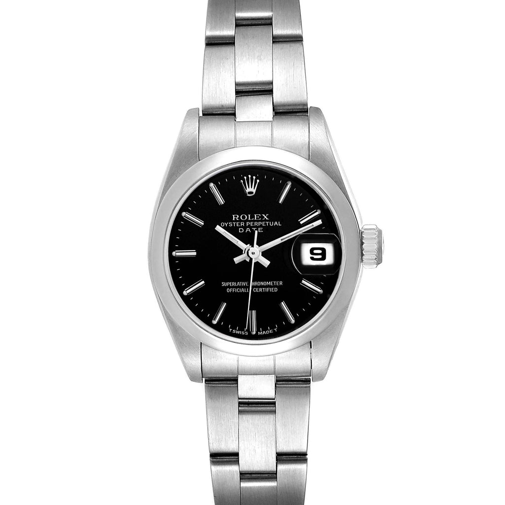 Rolex Date Black Dial Oyster Bracelet Steel Ladies Watch 69160 Papers