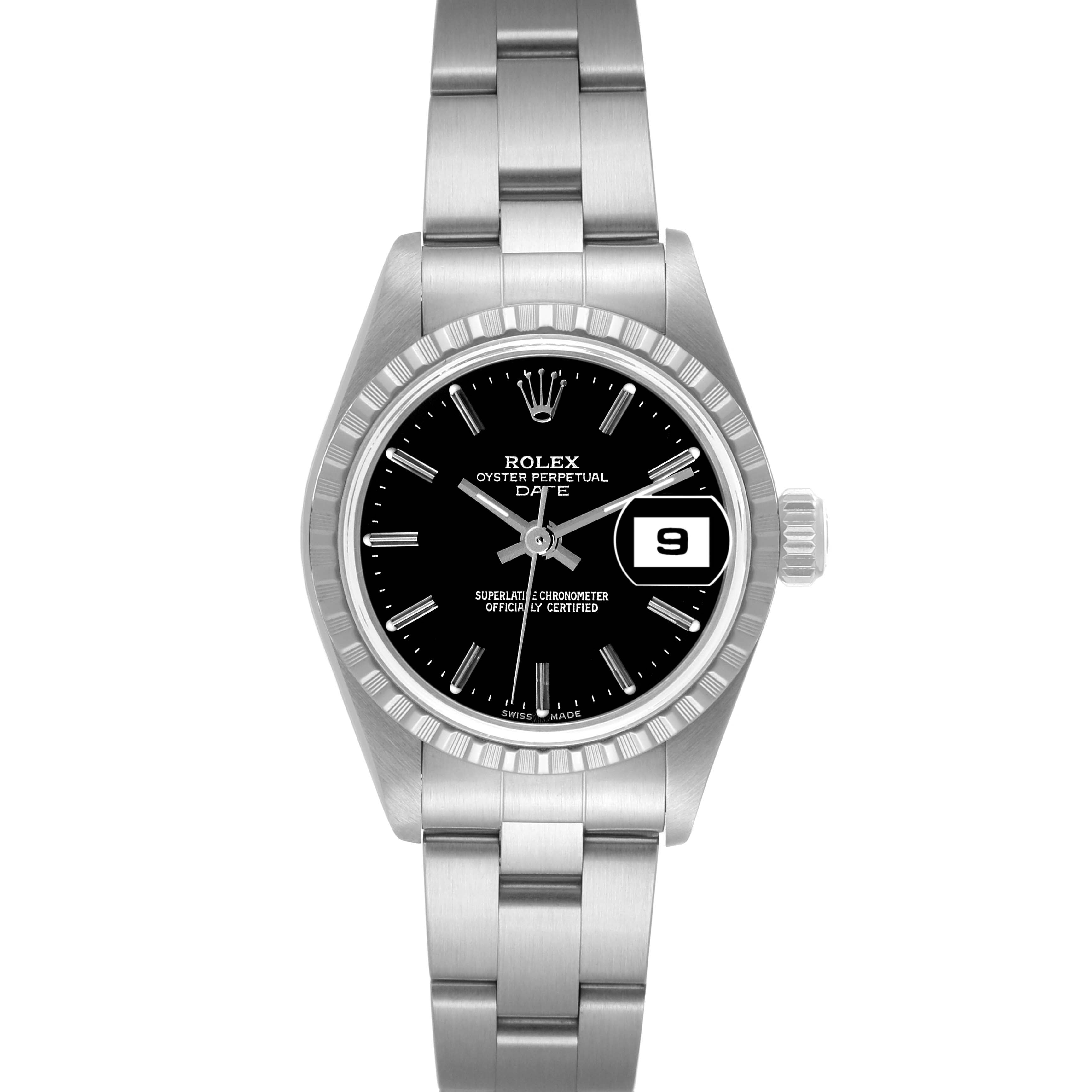 Rolex Date Black Dial Oyster Bracelet Steel Ladies Watch 79240 Box Papers