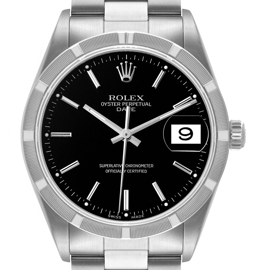 Rolex Date Black Dial Oyster Bracelet Steel Mens Watch 15210 Box Papers