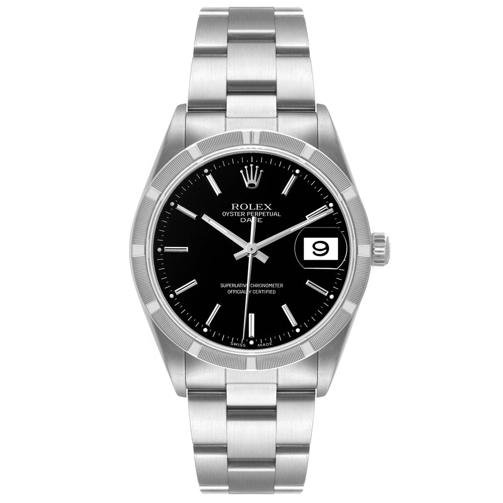 Rolex Date Black Dial Oyster Bracelet Steel Mens Watch 15210 Box Papers