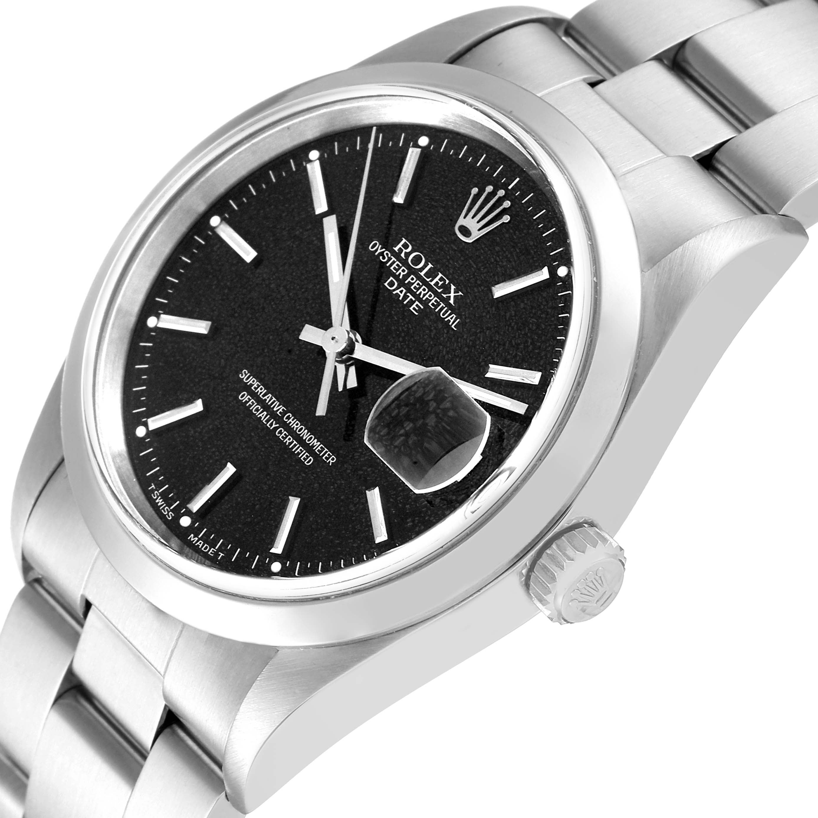 Rolex Date Black Frosted Dial Oyster Bracelet Steel Mens Watch 15200 Box Papers