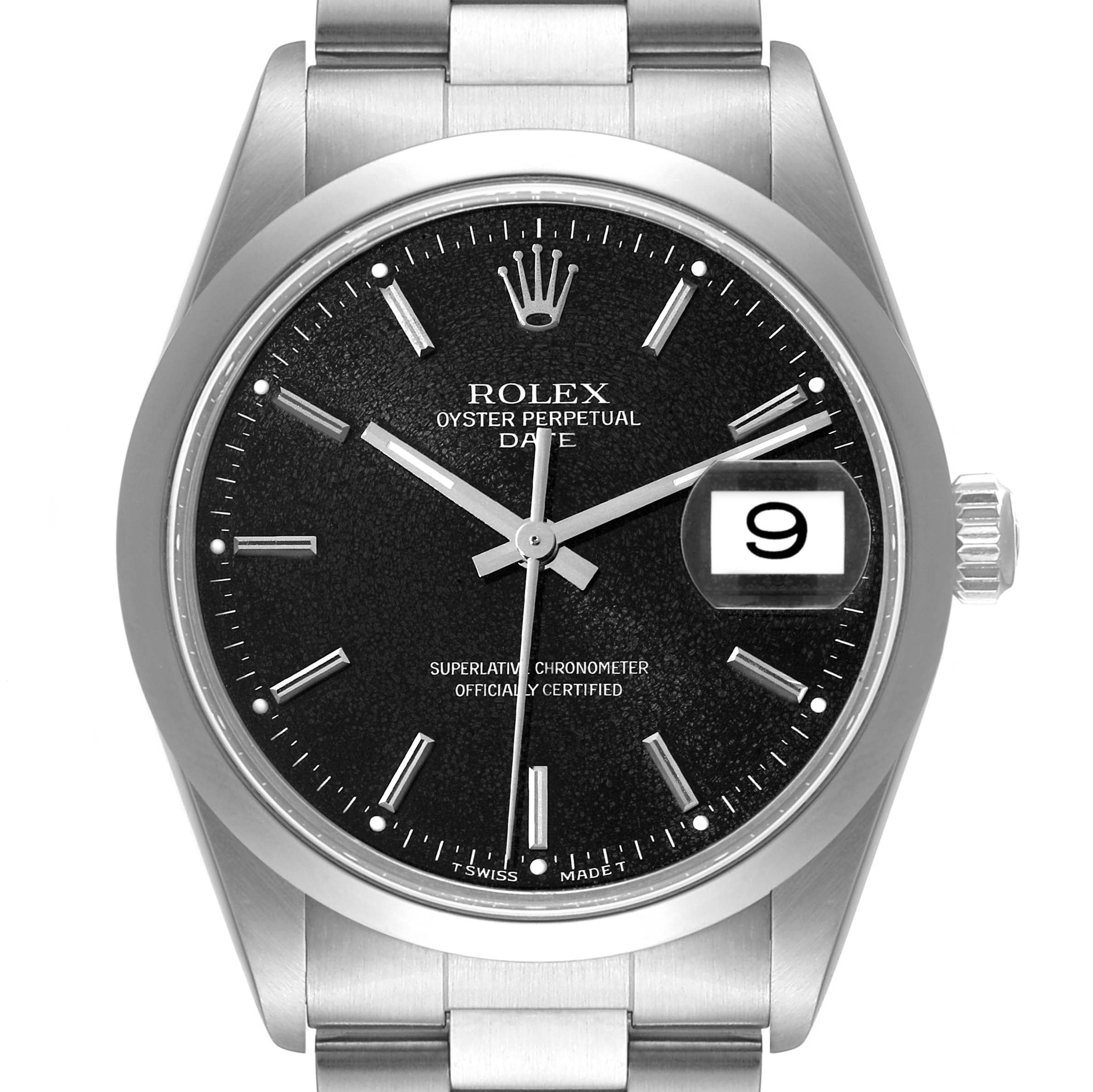 Rolex Date Black Frosted Dial Oyster Bracelet Steel Mens Watch 15200 Box Papers