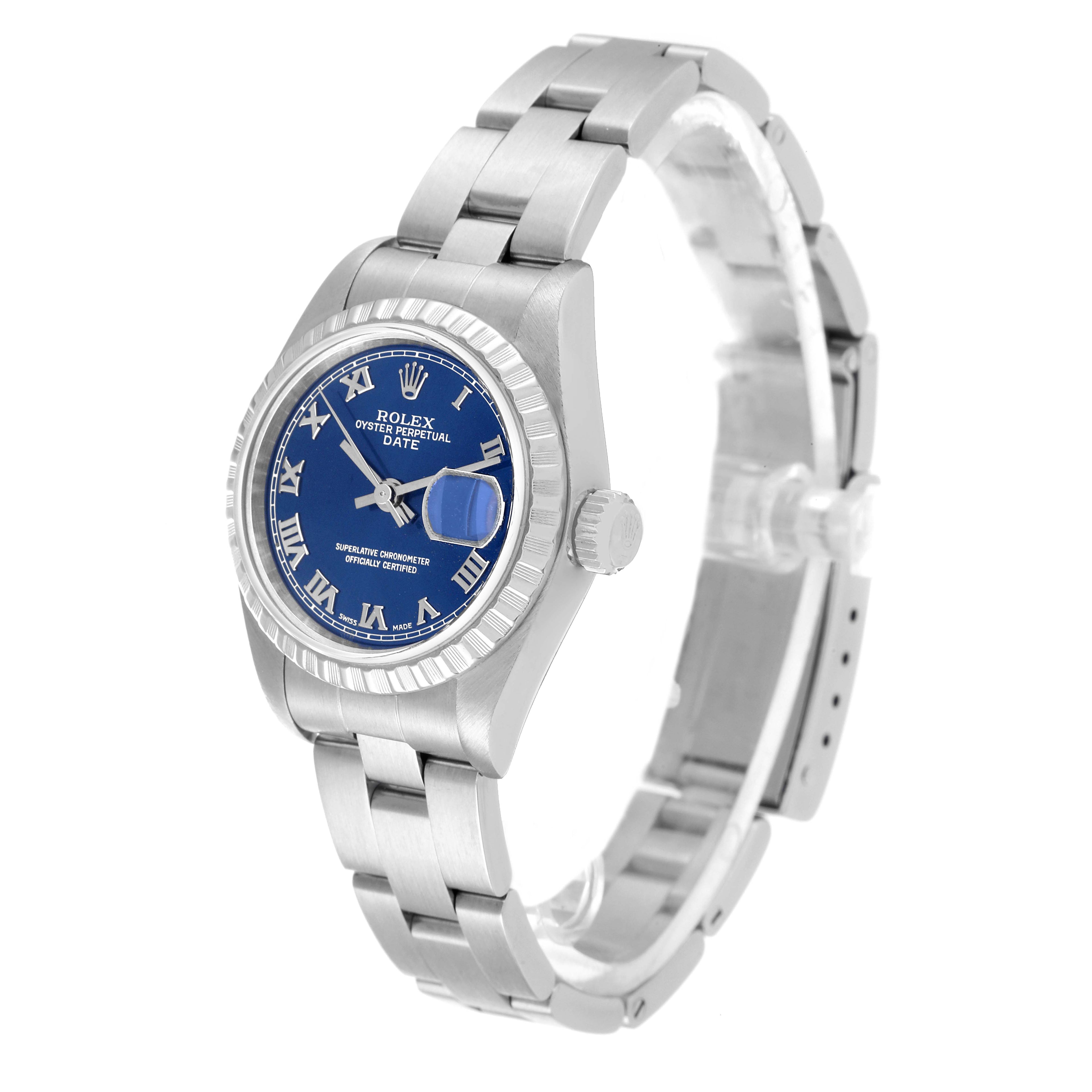 Rolex Date Blue Dial Engine Turned Bezel Steel Ladies Watch 79240