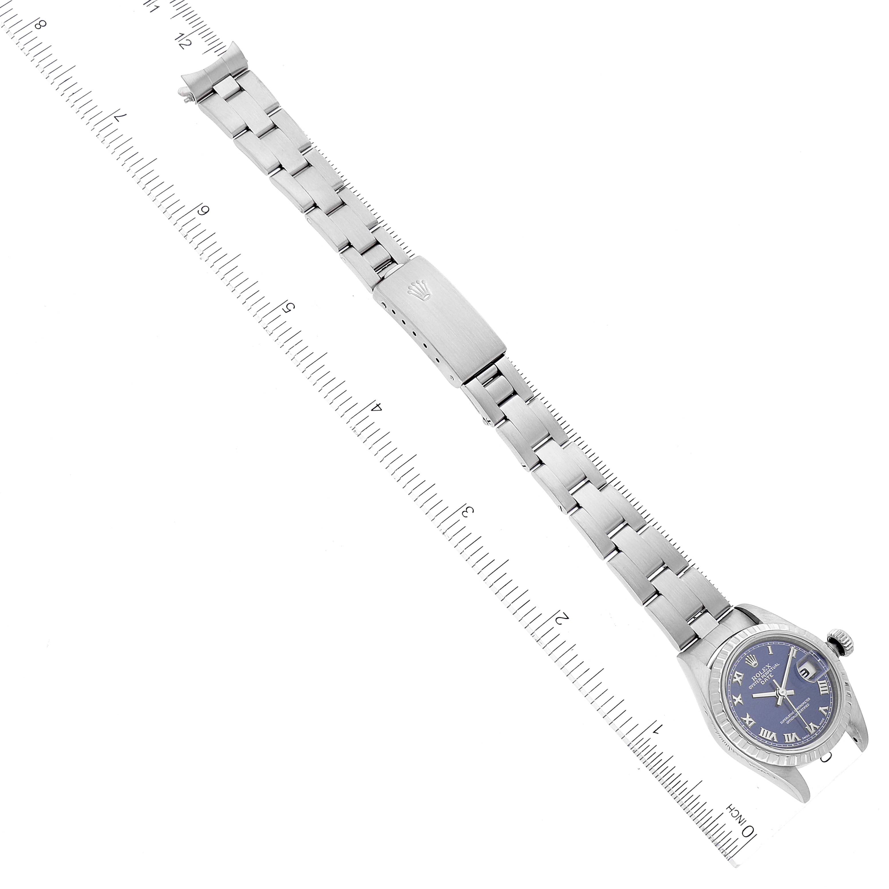 Rolex Date Blue Dial Engine Turned Bezel Steel Ladies Watch 79240