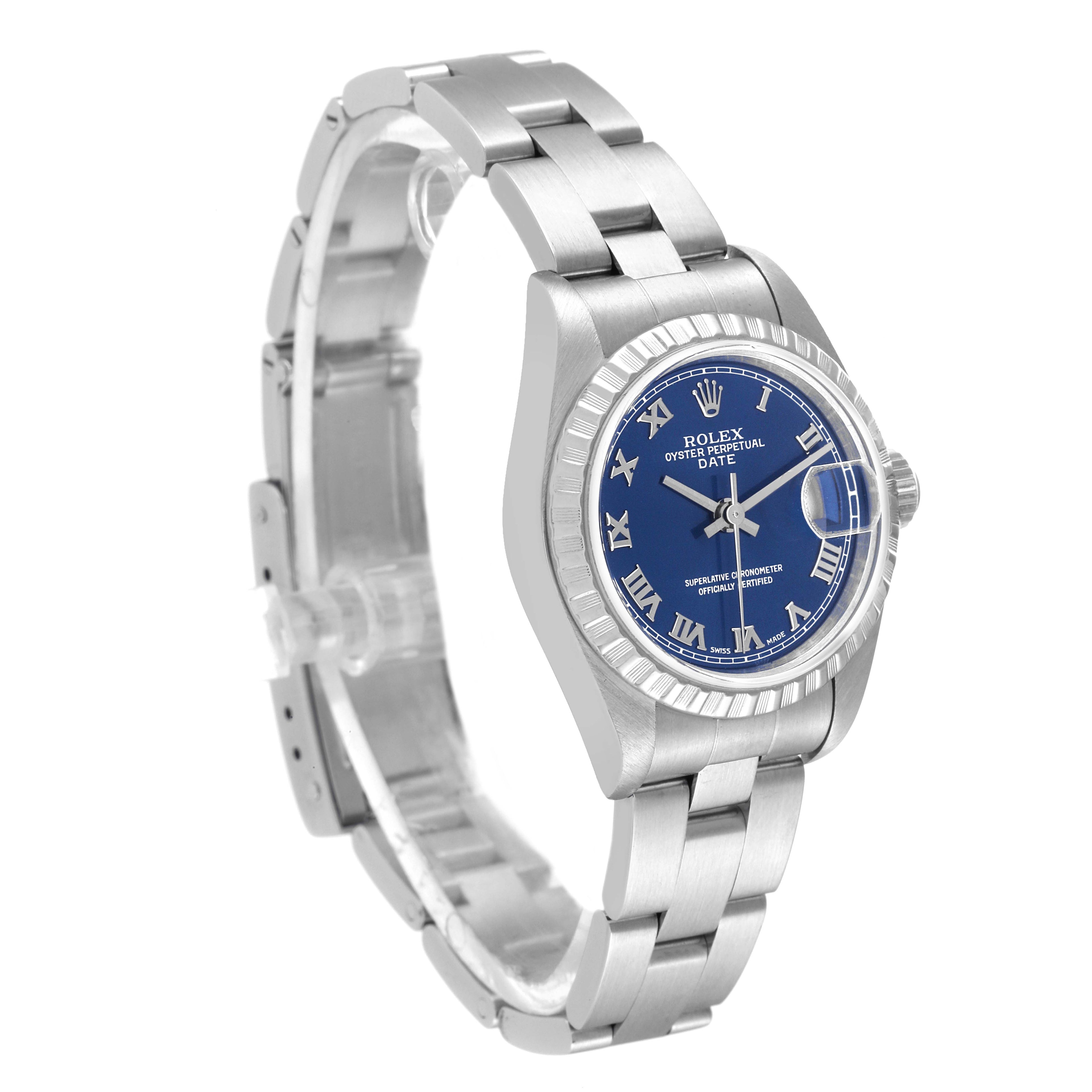 Rolex Date Blue Dial Engine Turned Bezel Steel Ladies Watch 79240