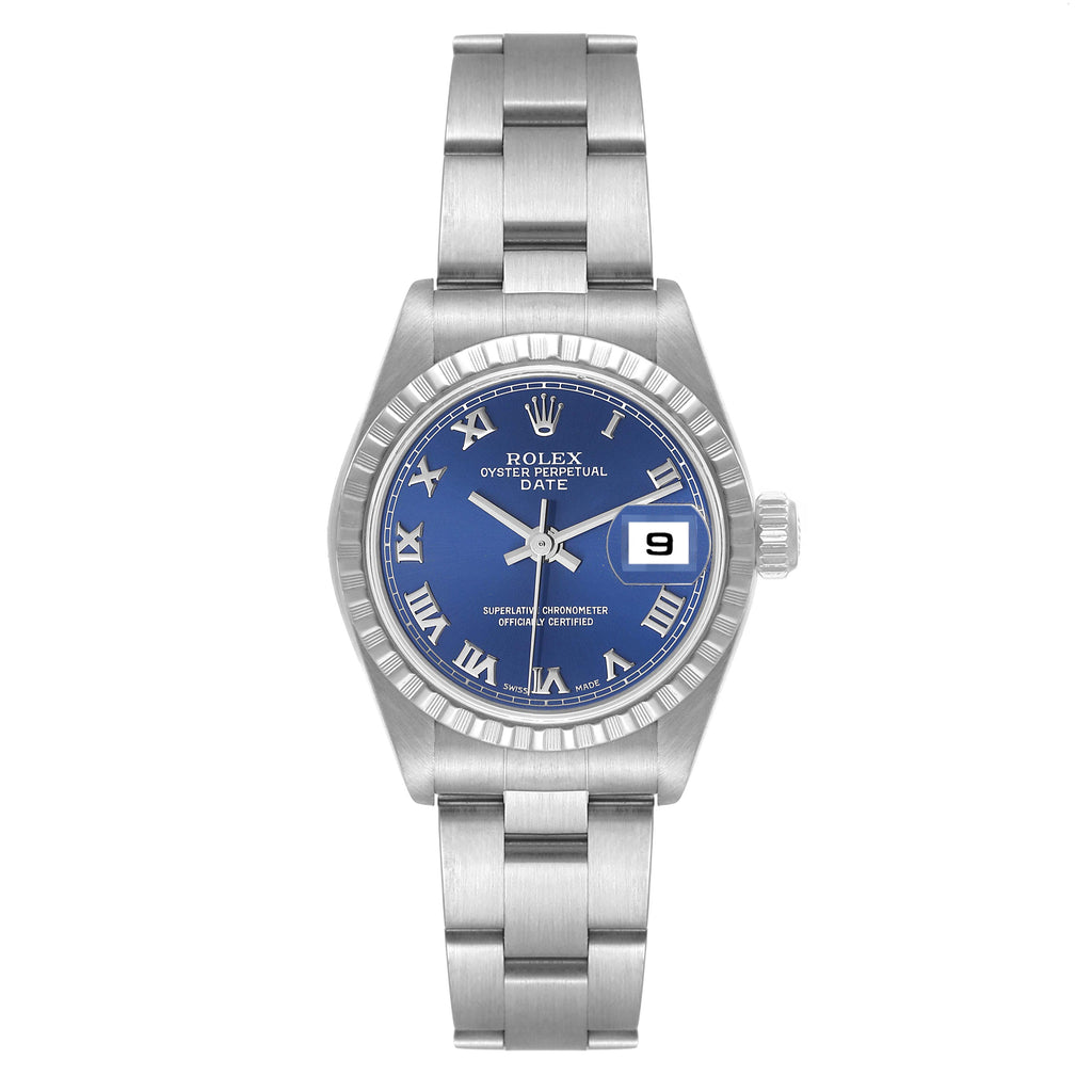 Rolex Date Blue Dial Engine Turned Bezel Steel Ladies Watch 79240