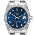 Rolex Date Blue Dial Engine Turned Bezel Steel Mens Watch 15210 Service Card