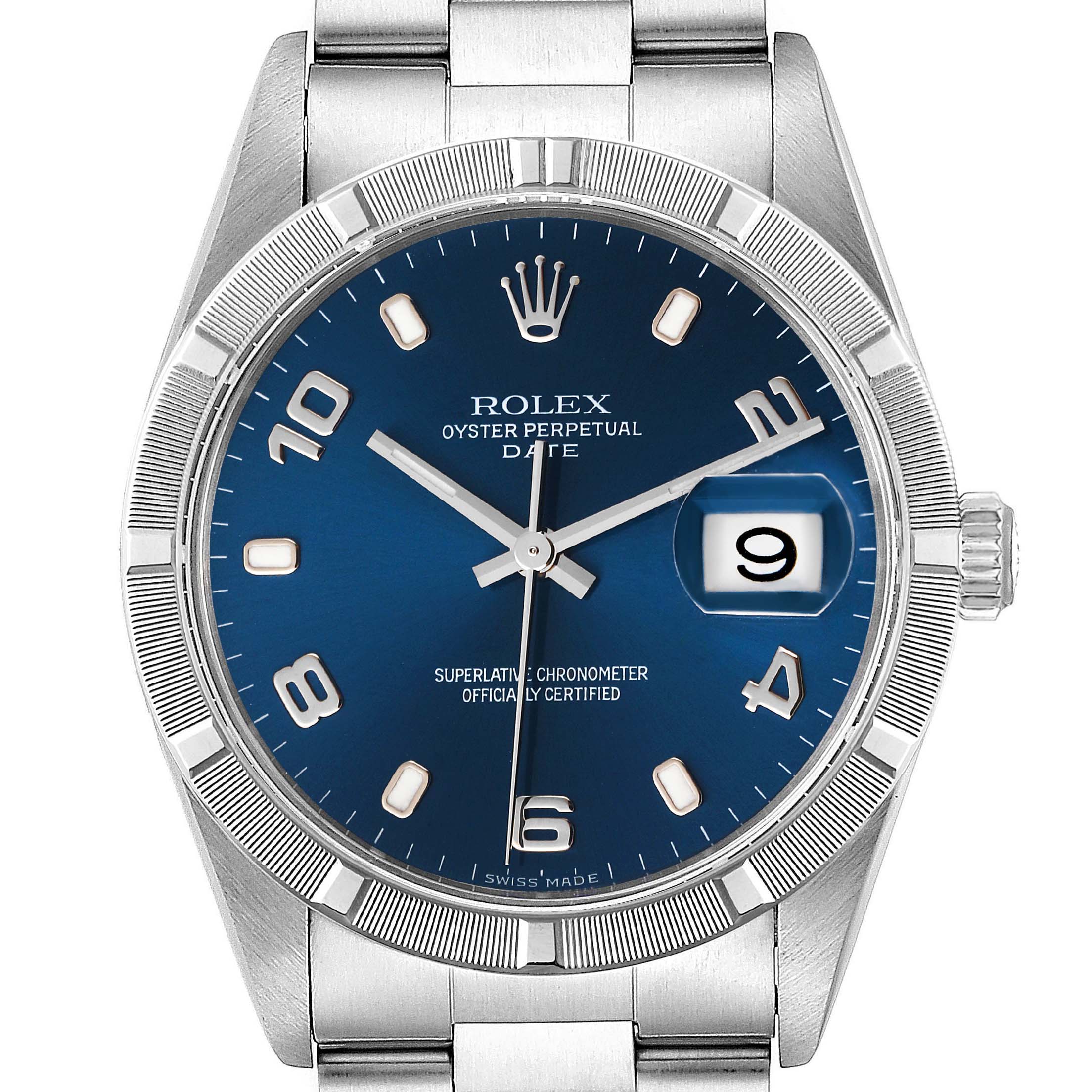Rolex Date Blue Dial Engine Turned Bezel Steel Mens Watch 15210 Service Card
