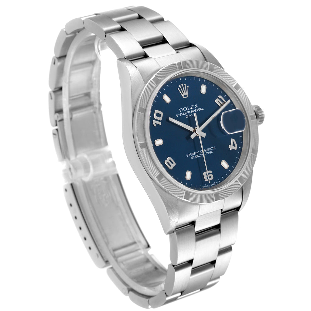 Rolex Date Blue Dial Engine Turned Bezel Steel Mens Watch 15210 Service Card