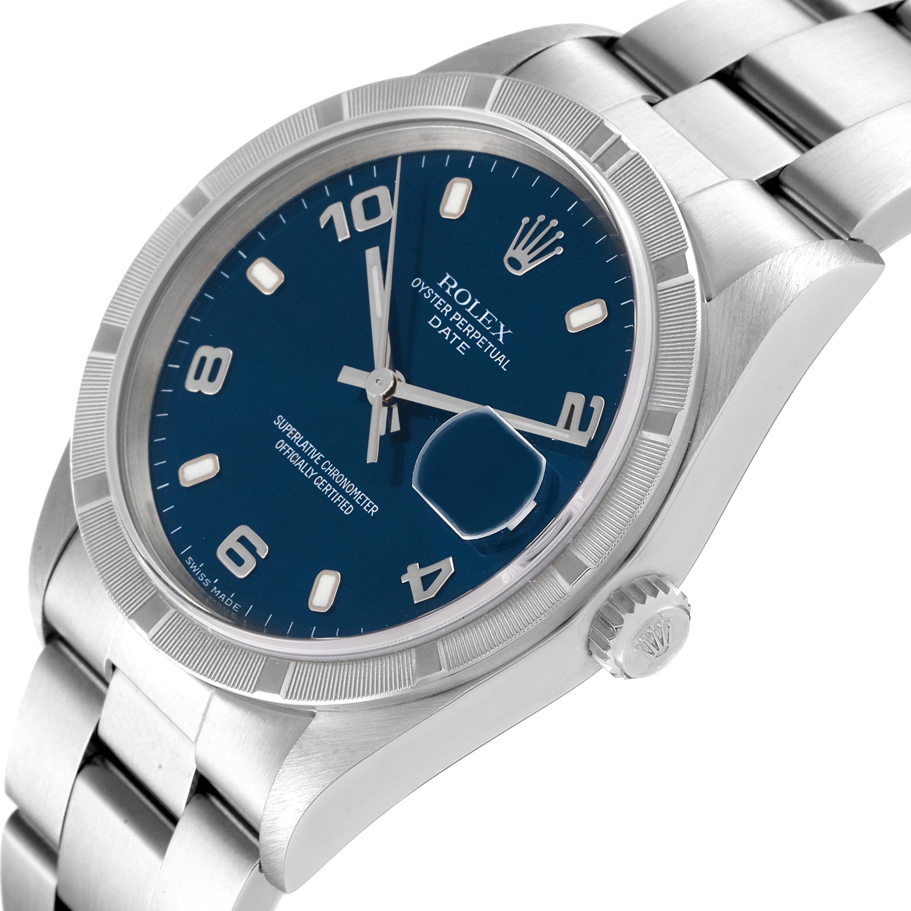 Rolex Date Blue Dial Engine Turned Bezel Steel Mens Watch 15210 Service Card
