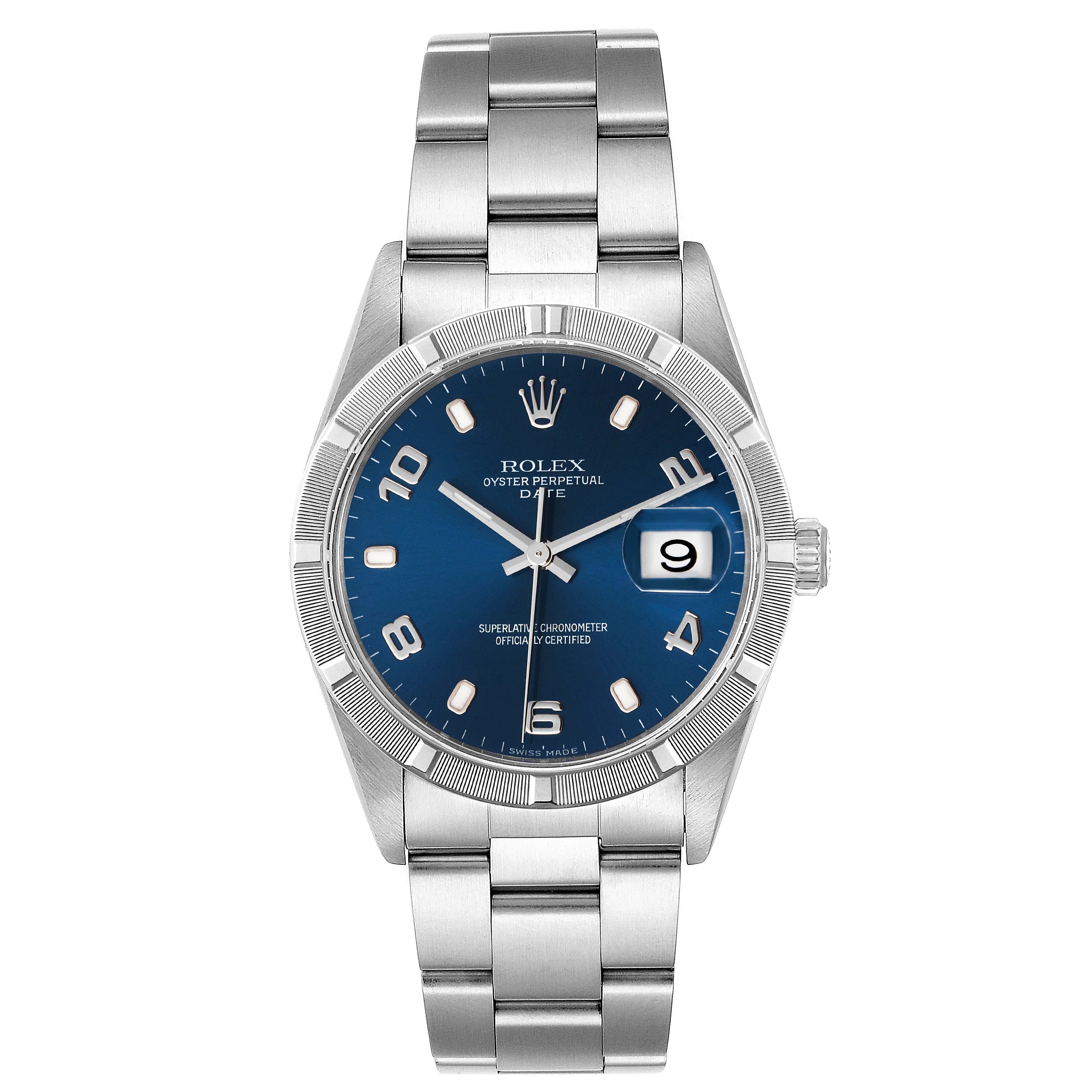 Rolex Date Blue Dial Engine Turned Bezel Steel Mens Watch 15210 Service Card
