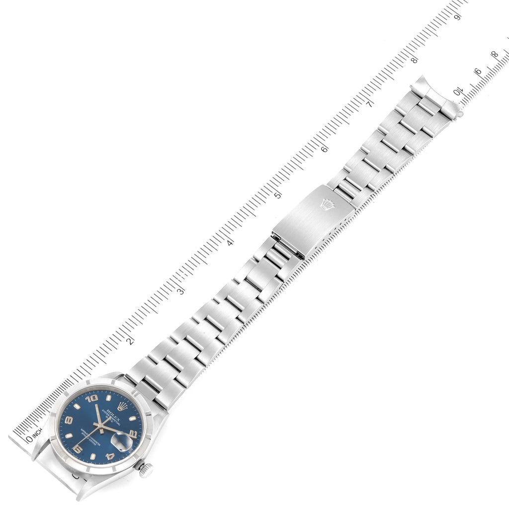 Rolex Date Blue Dial Engine Turned Bezel Steel Mens Watch 15210 Service Card