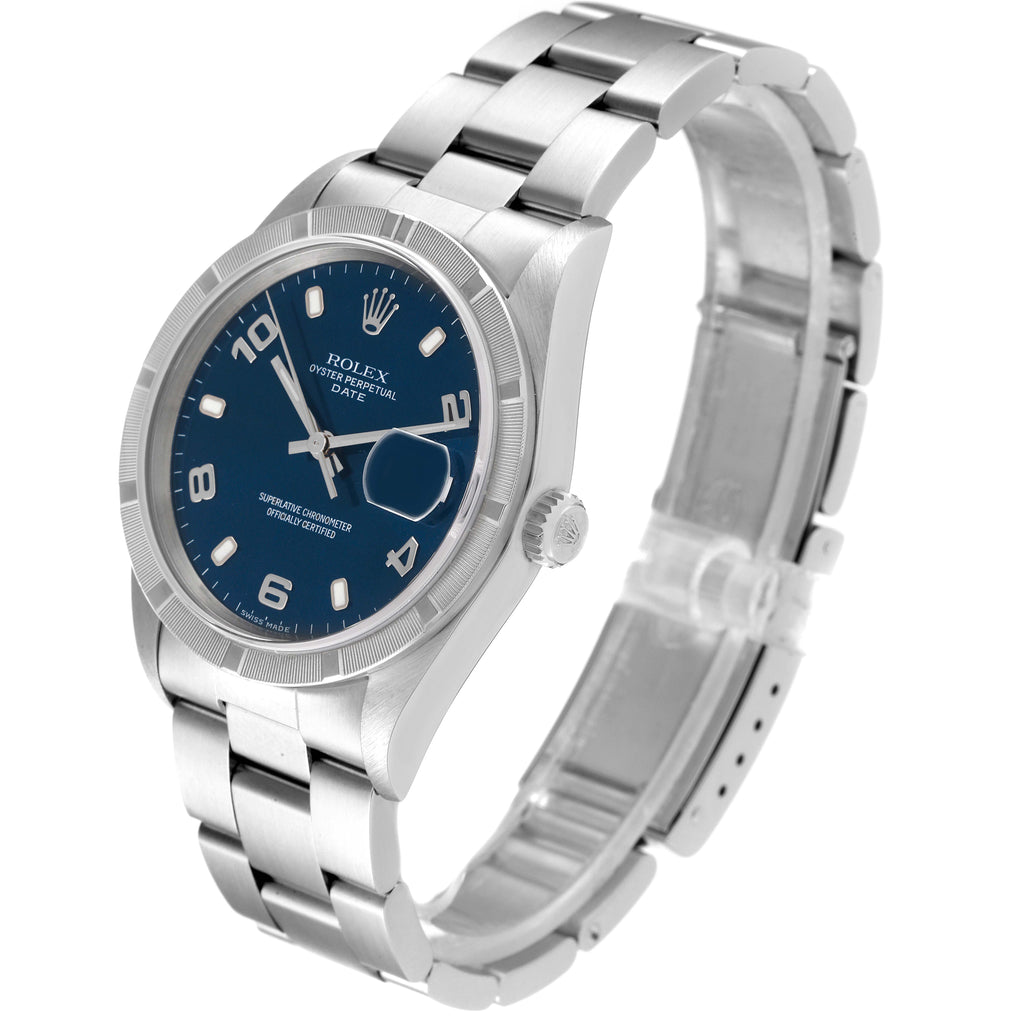 Rolex Date Blue Dial Engine Turned Bezel Steel Mens Watch 15210 Service Card