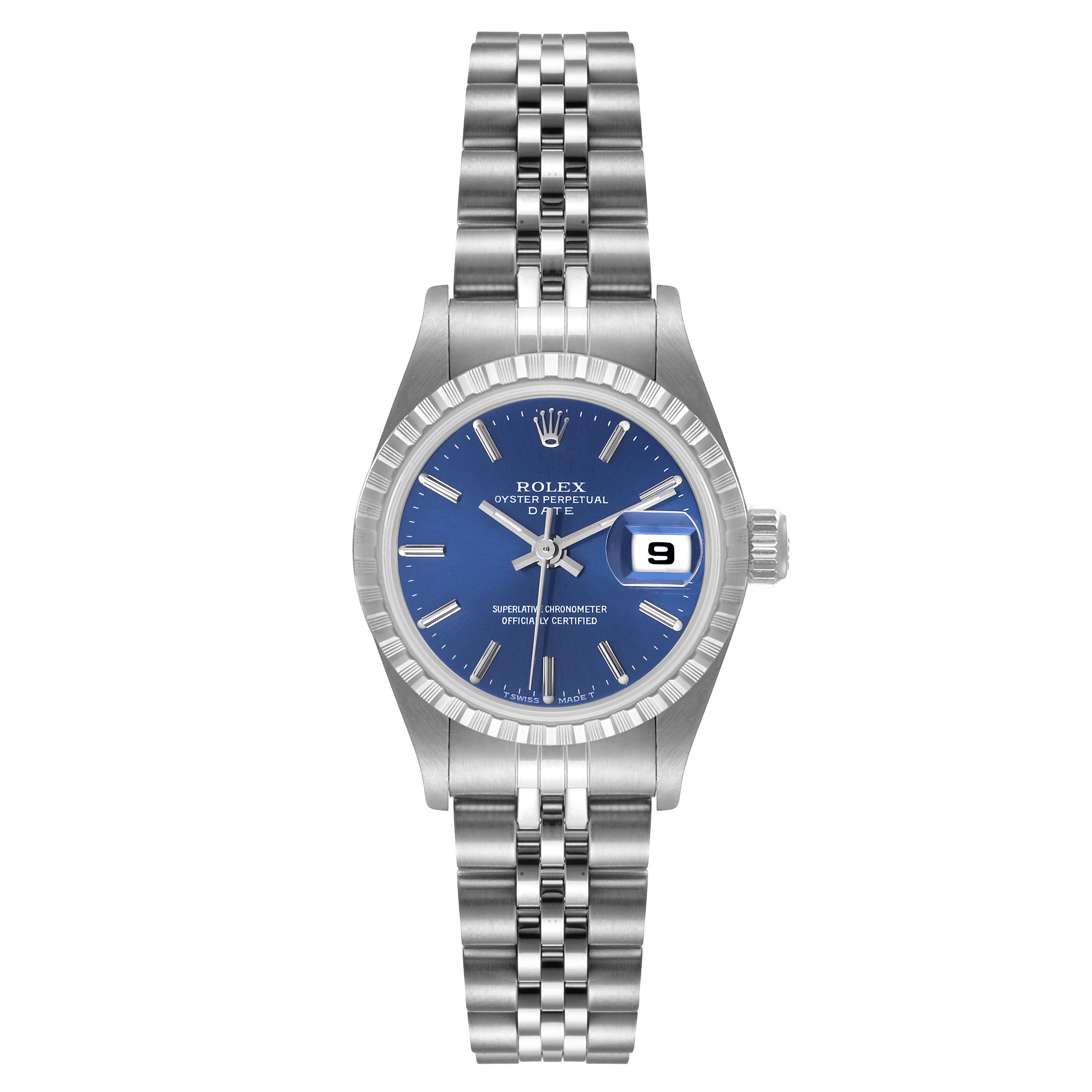 Rolex Date Blue Dial Jubilee Bracelet Steel Ladies Watch 69240 Box Papers