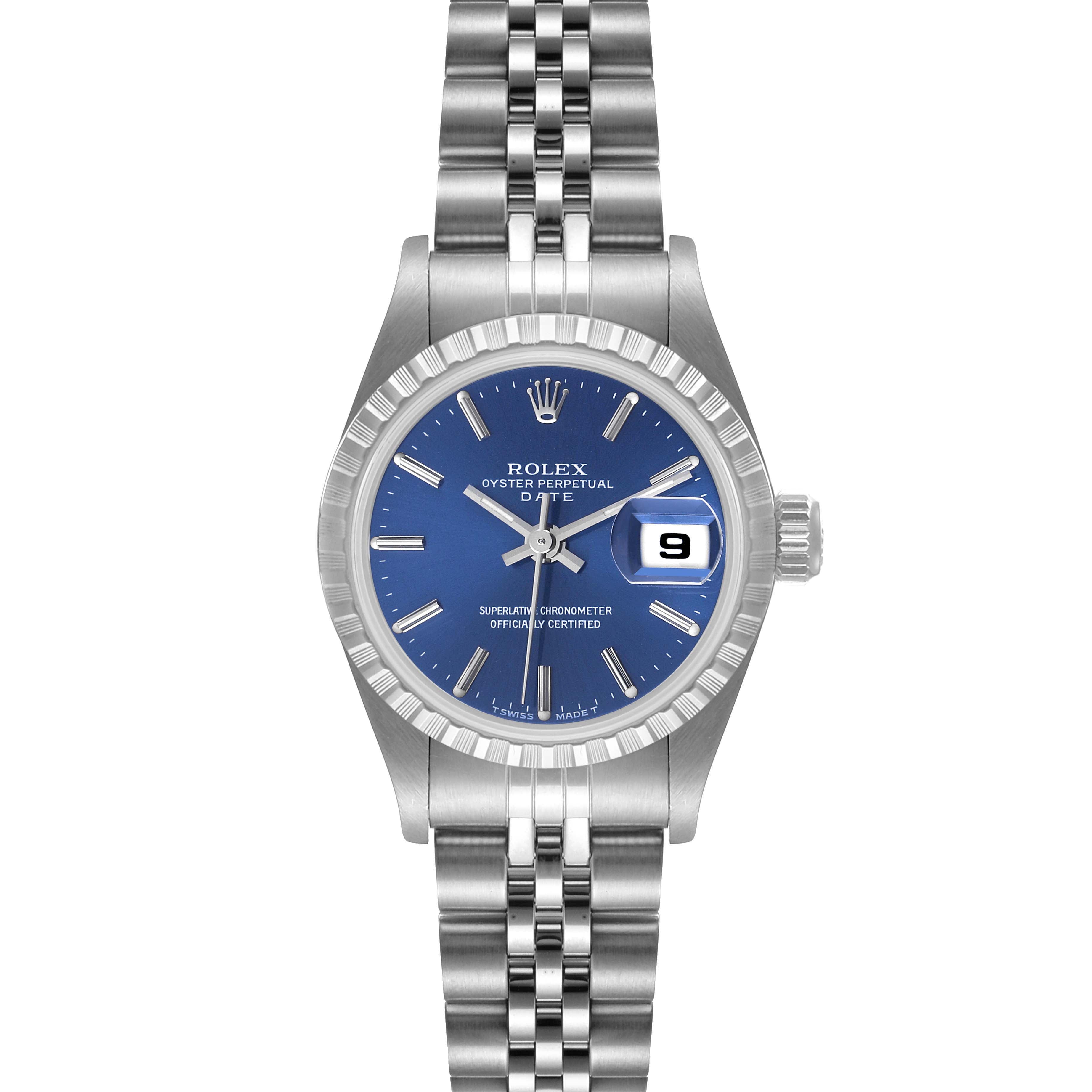 Rolex Date Blue Dial Jubilee Bracelet Steel Ladies Watch 69240 Box Papers