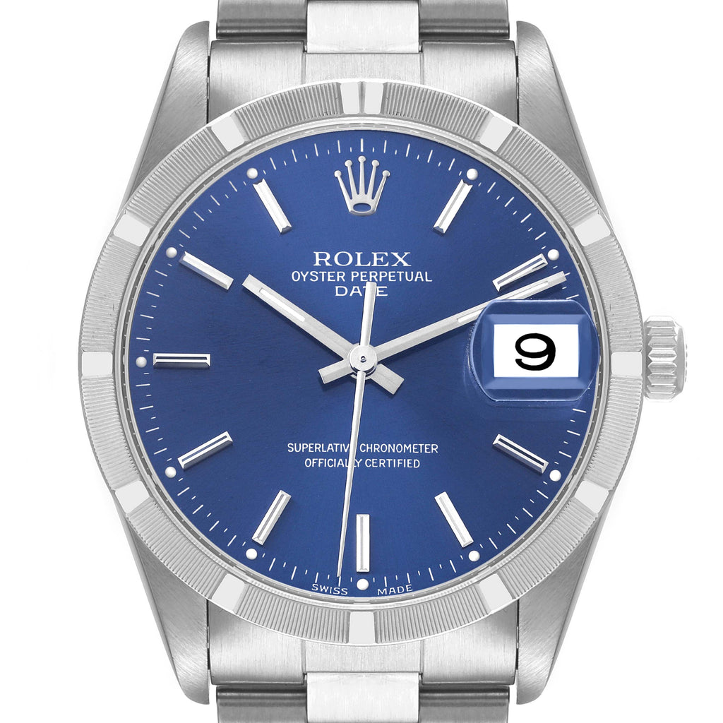 Rolex Date Blue Dial Oyster Bracelet Steel Mens Watch 15210 Box Papers