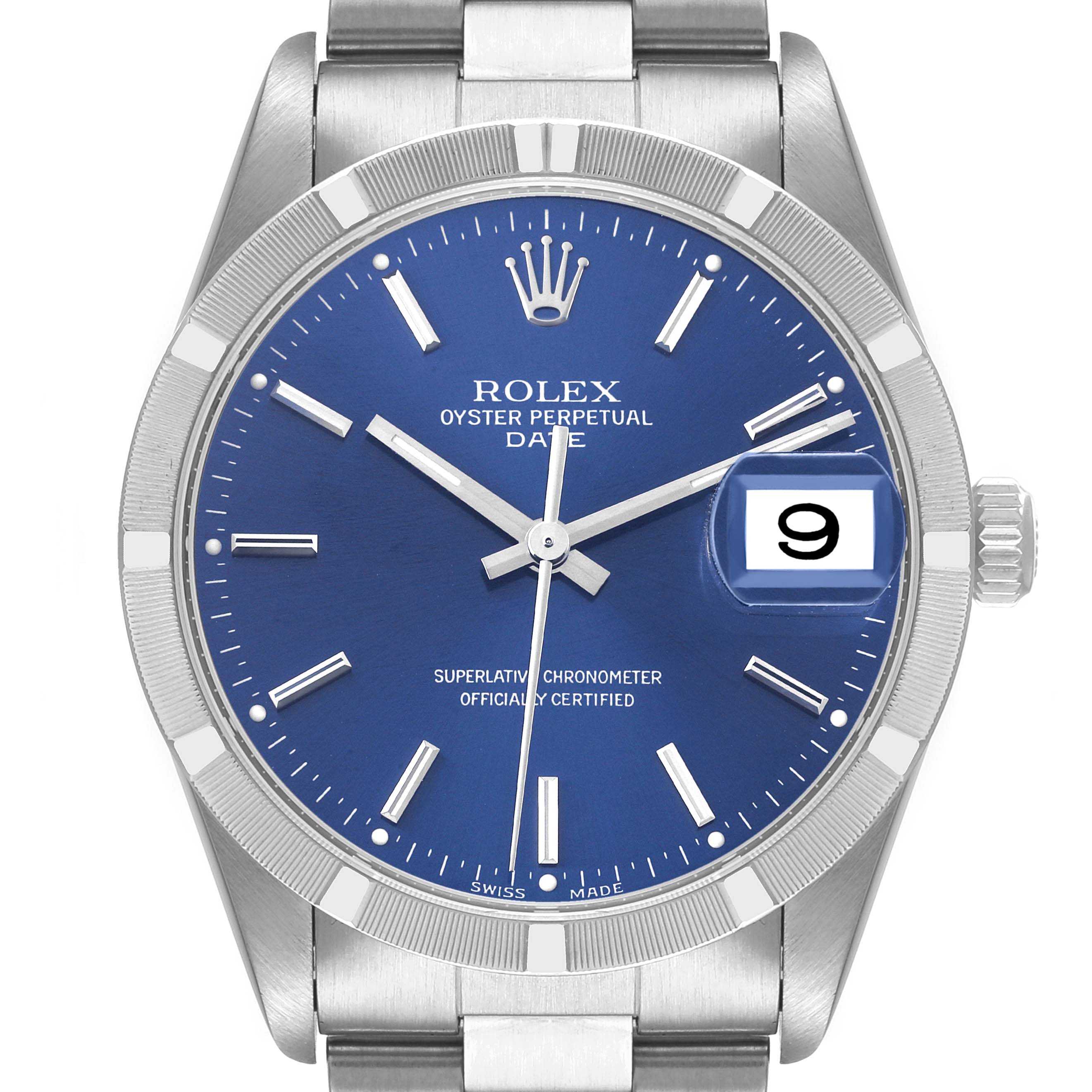 Rolex Date Blue Dial Oyster Bracelet Steel Mens Watch 15210 Box Papers