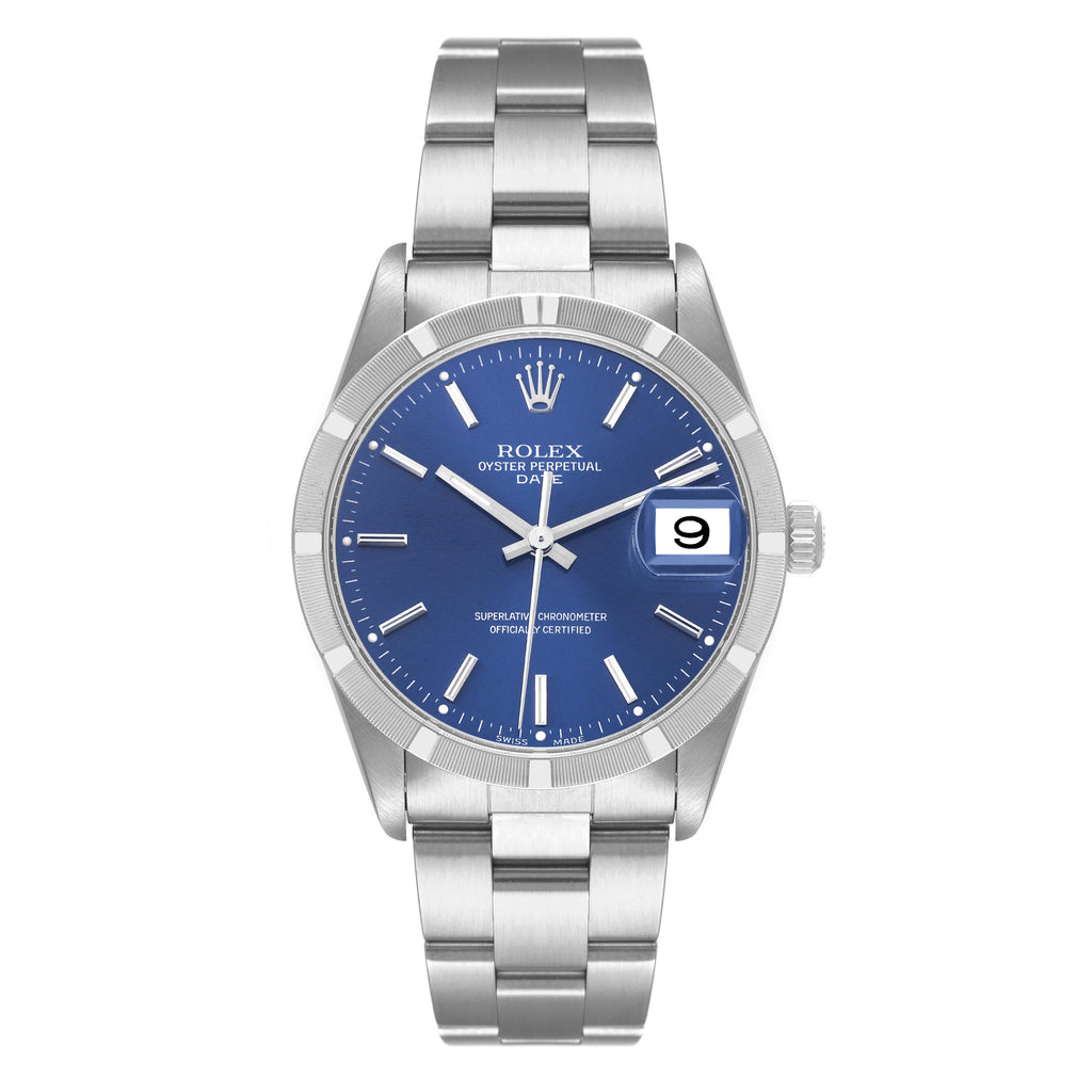 Rolex Date Blue Dial Oyster Bracelet Steel Mens Watch 15210 Box Papers