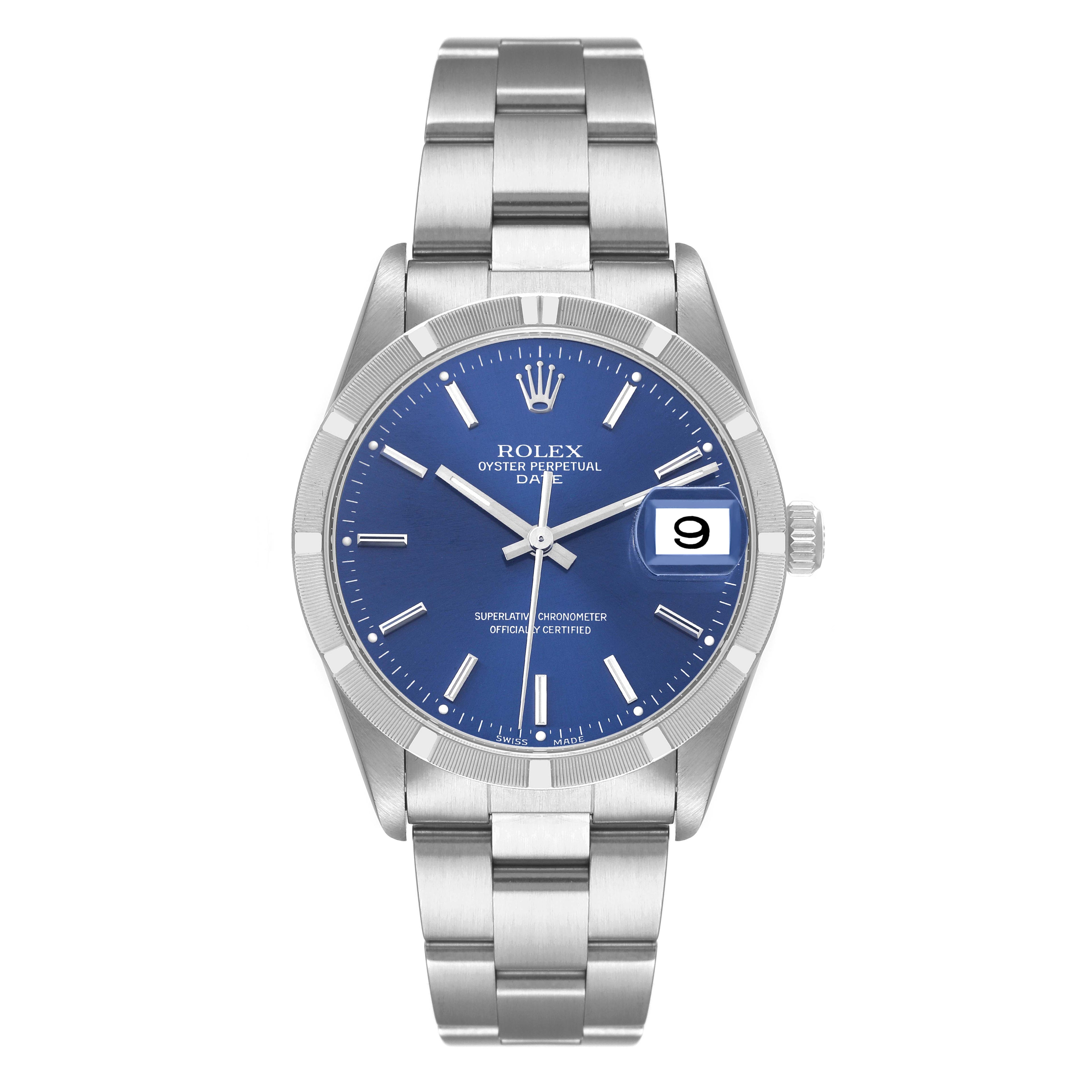 Rolex Date Blue Dial Oyster Bracelet Steel Mens Watch 15210 Box Papers