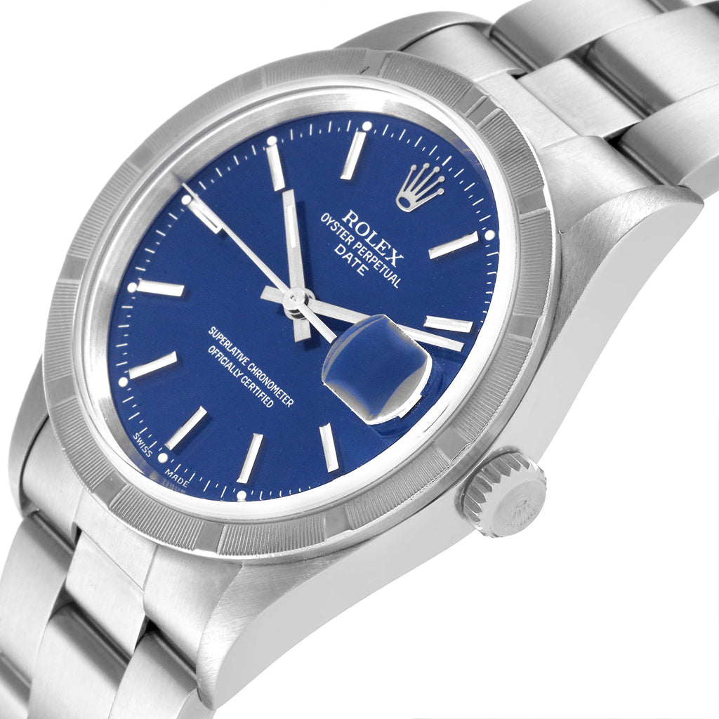 Rolex Date Blue Dial Oyster Bracelet Steel Mens Watch 15210 Box Papers