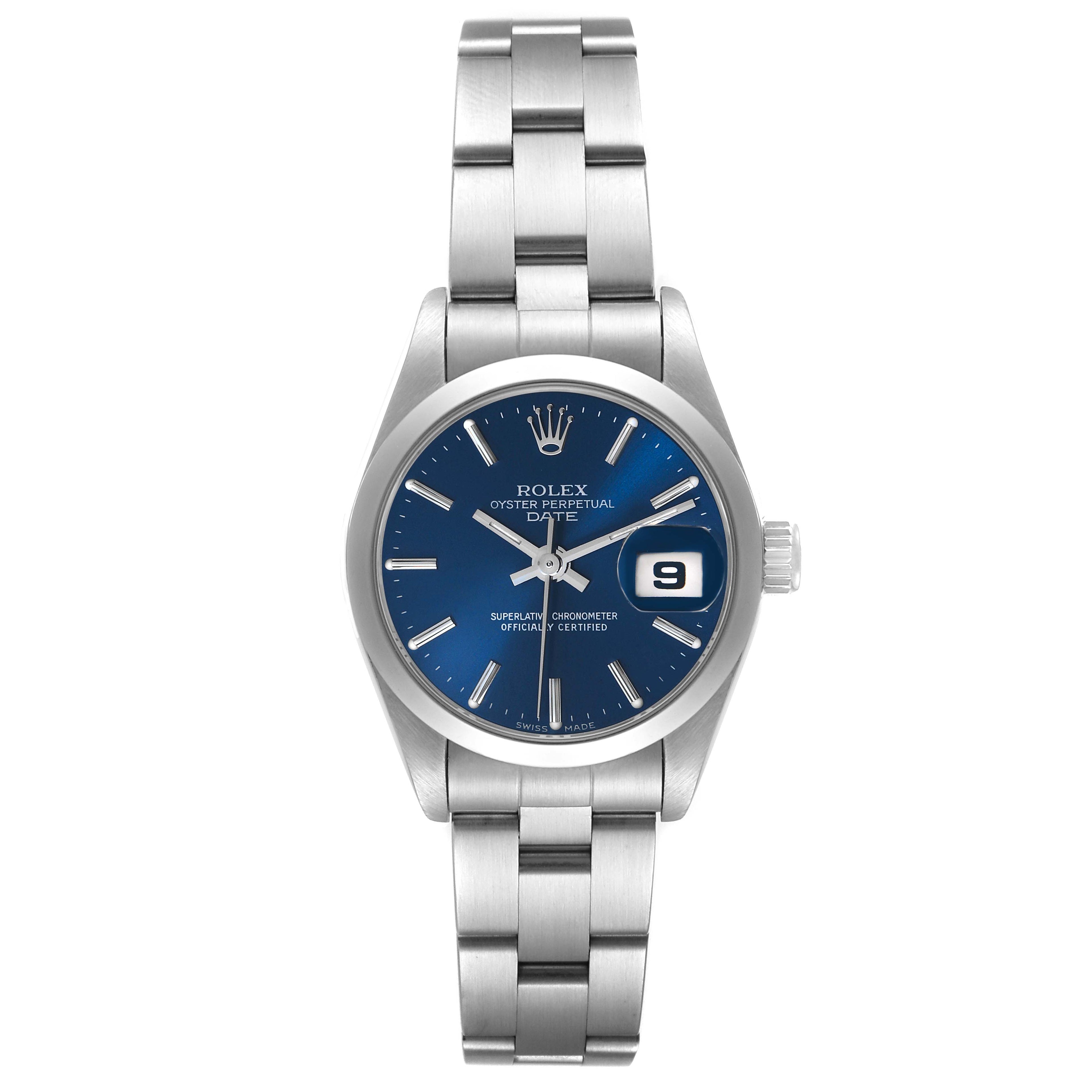 Rolex Date Blue Dial Smooth Bezel Oyster Bracelet Steel Ladies Watch 69160