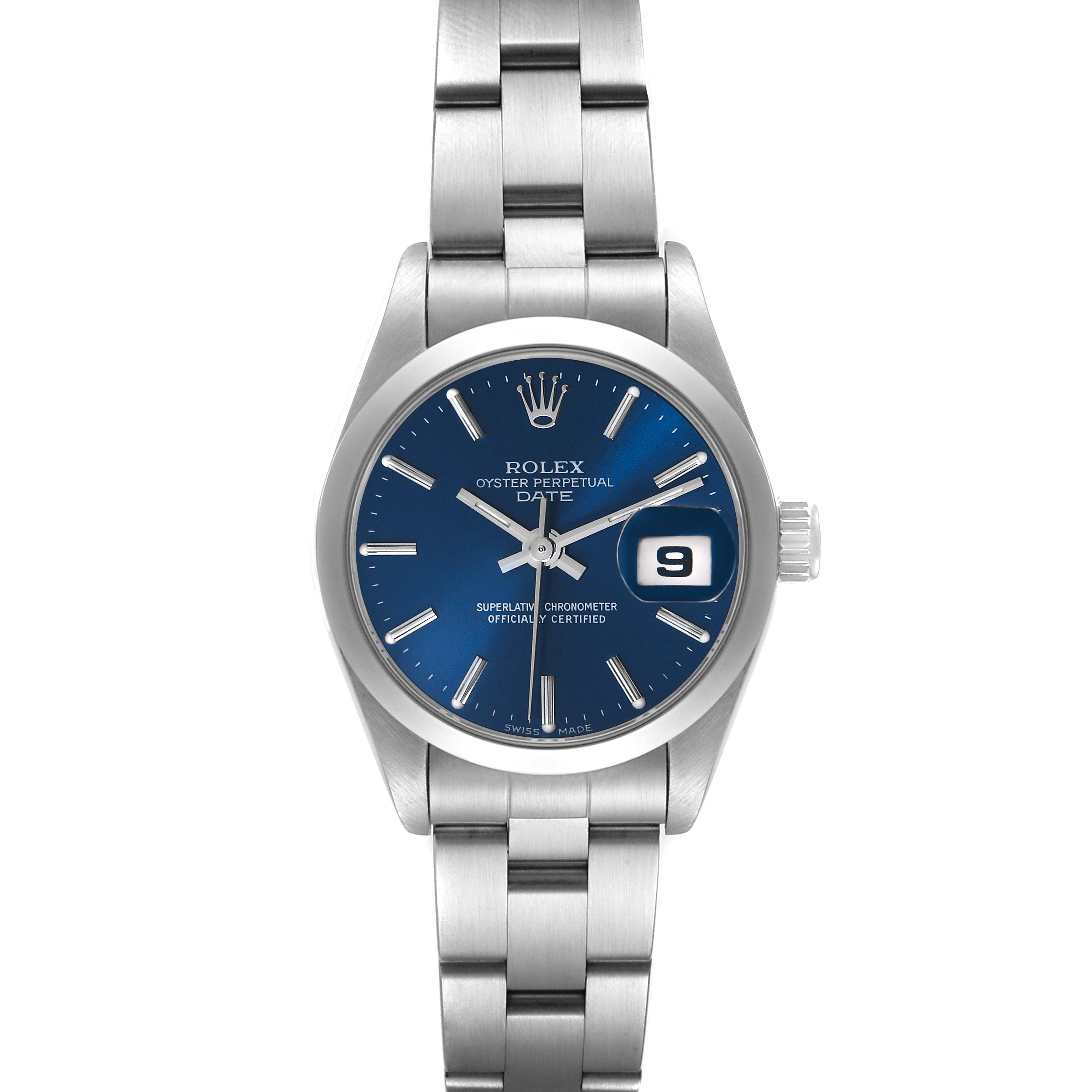 Rolex Date Blue Dial Smooth Bezel Oyster Bracelet Steel Ladies Watch 69160