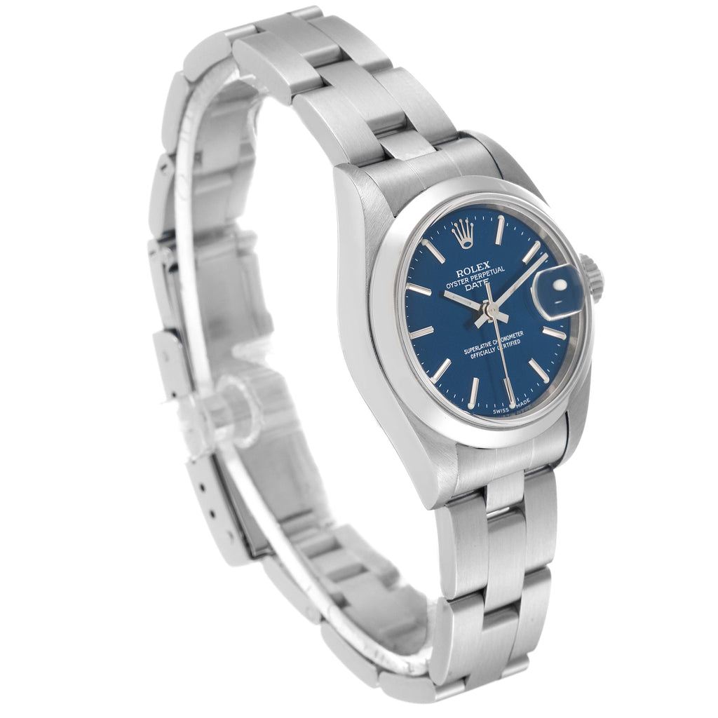 Rolex Date Blue Dial Smooth Bezel Oyster Bracelet Steel Ladies Watch 69160