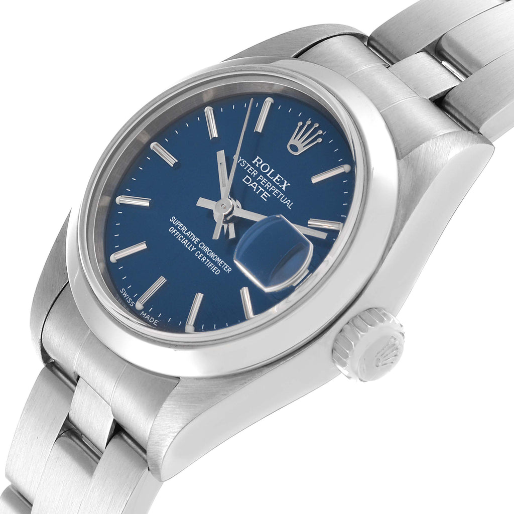 Rolex Date Blue Dial Smooth Bezel Oyster Bracelet Steel Ladies Watch 69160