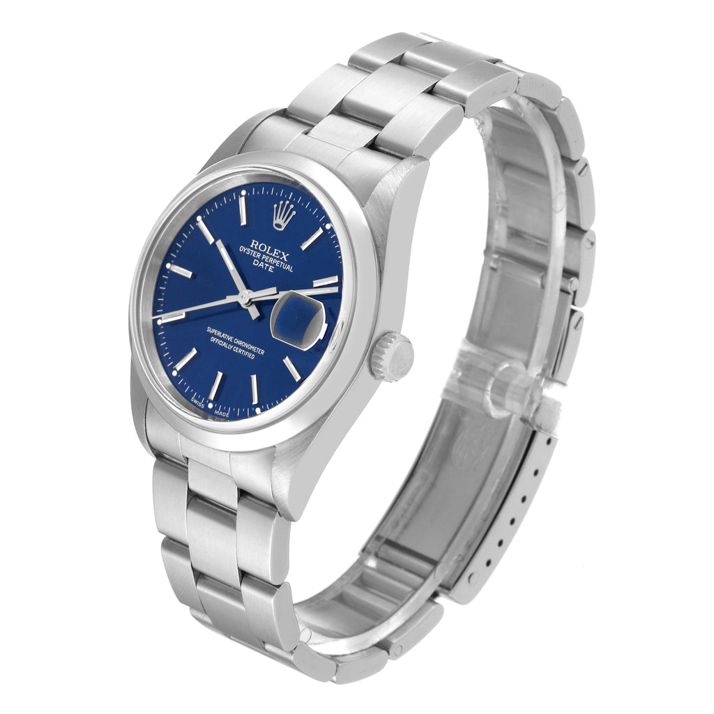 Rolex Date Blue Dial Smooth Bezel Steel Mens Watch 15200 Box Service Card