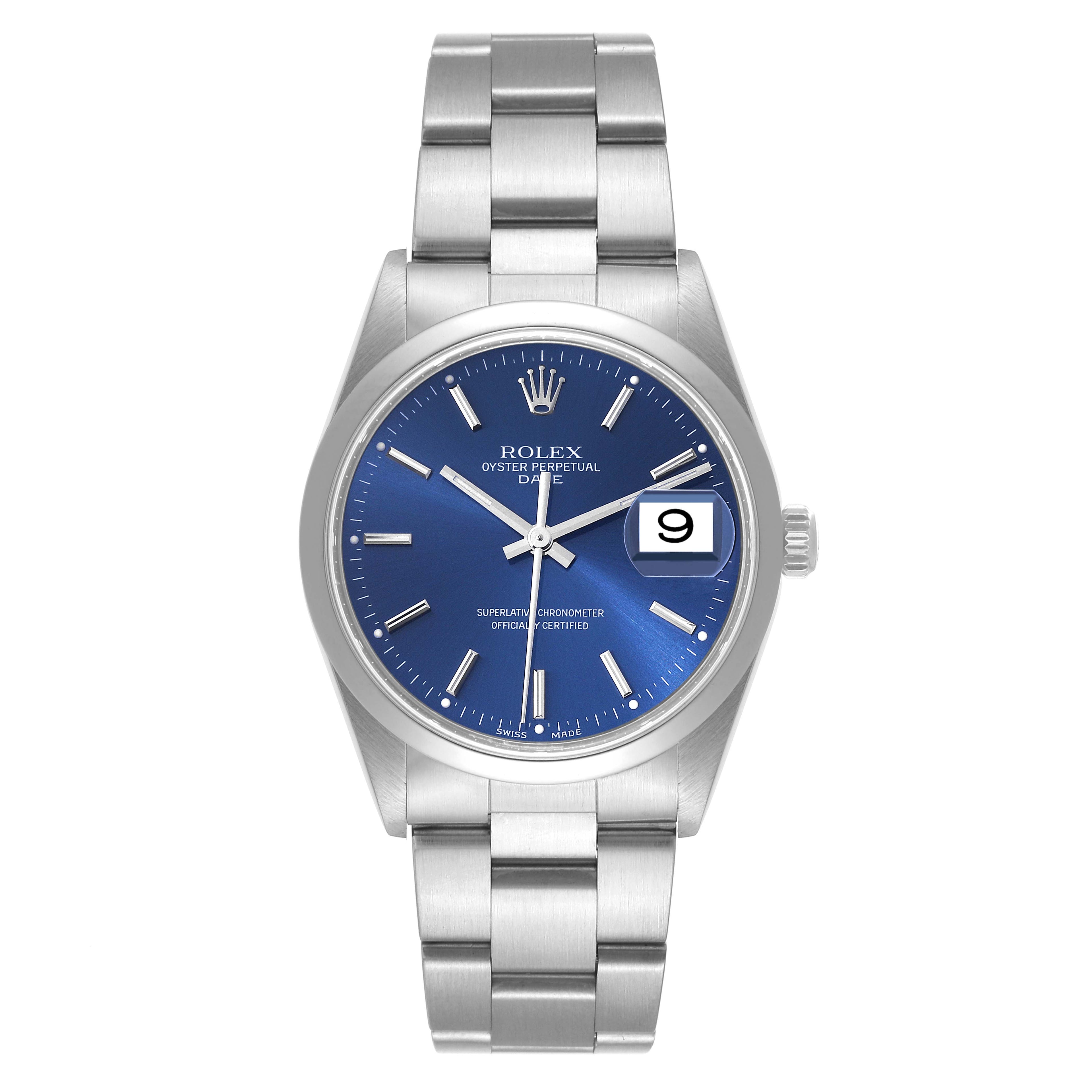 Rolex Date Blue Dial Smooth Bezel Steel Mens Watch 15200 Box Service Card