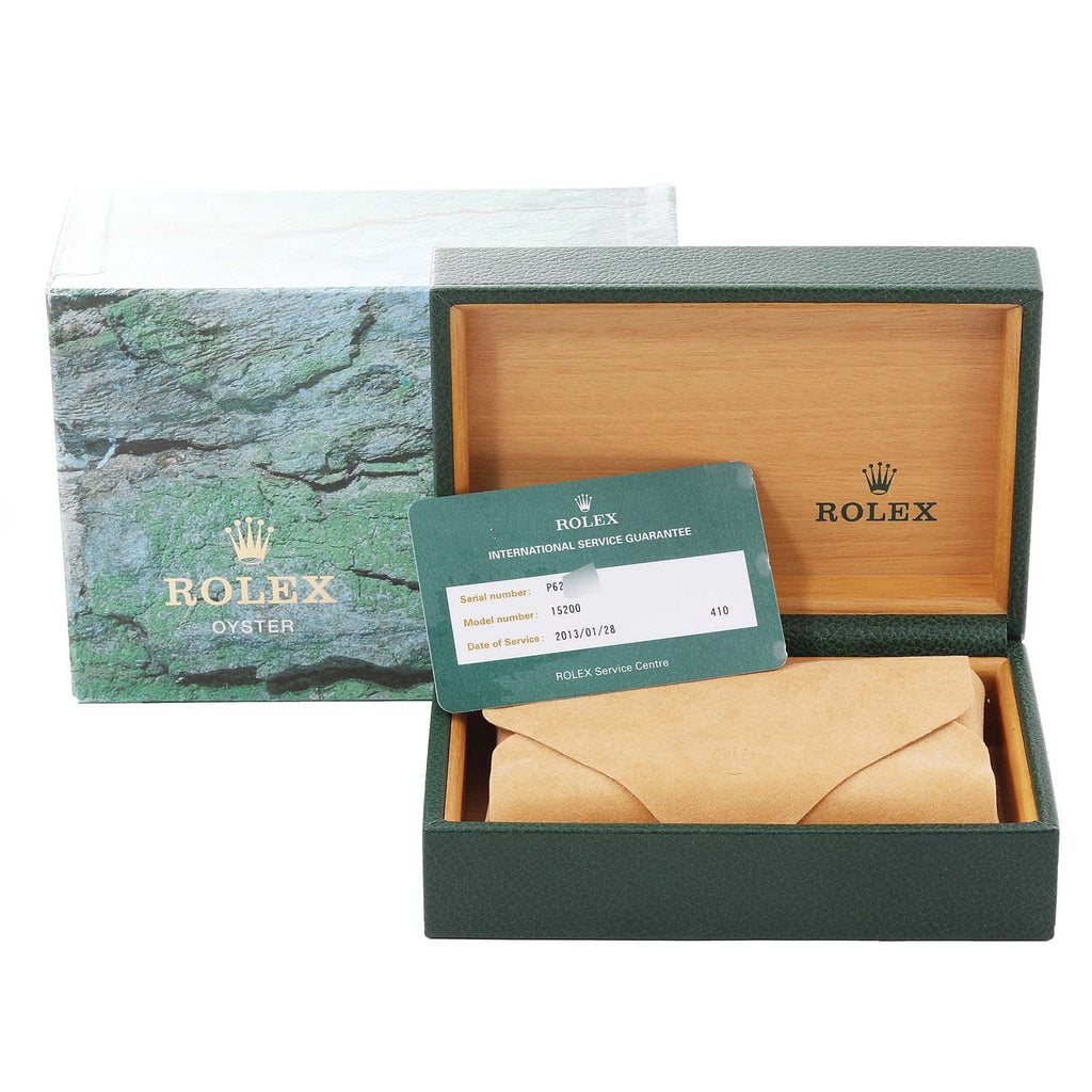 Rolex Date Blue Dial Smooth Bezel Steel Mens Watch 15200 Box Service Card