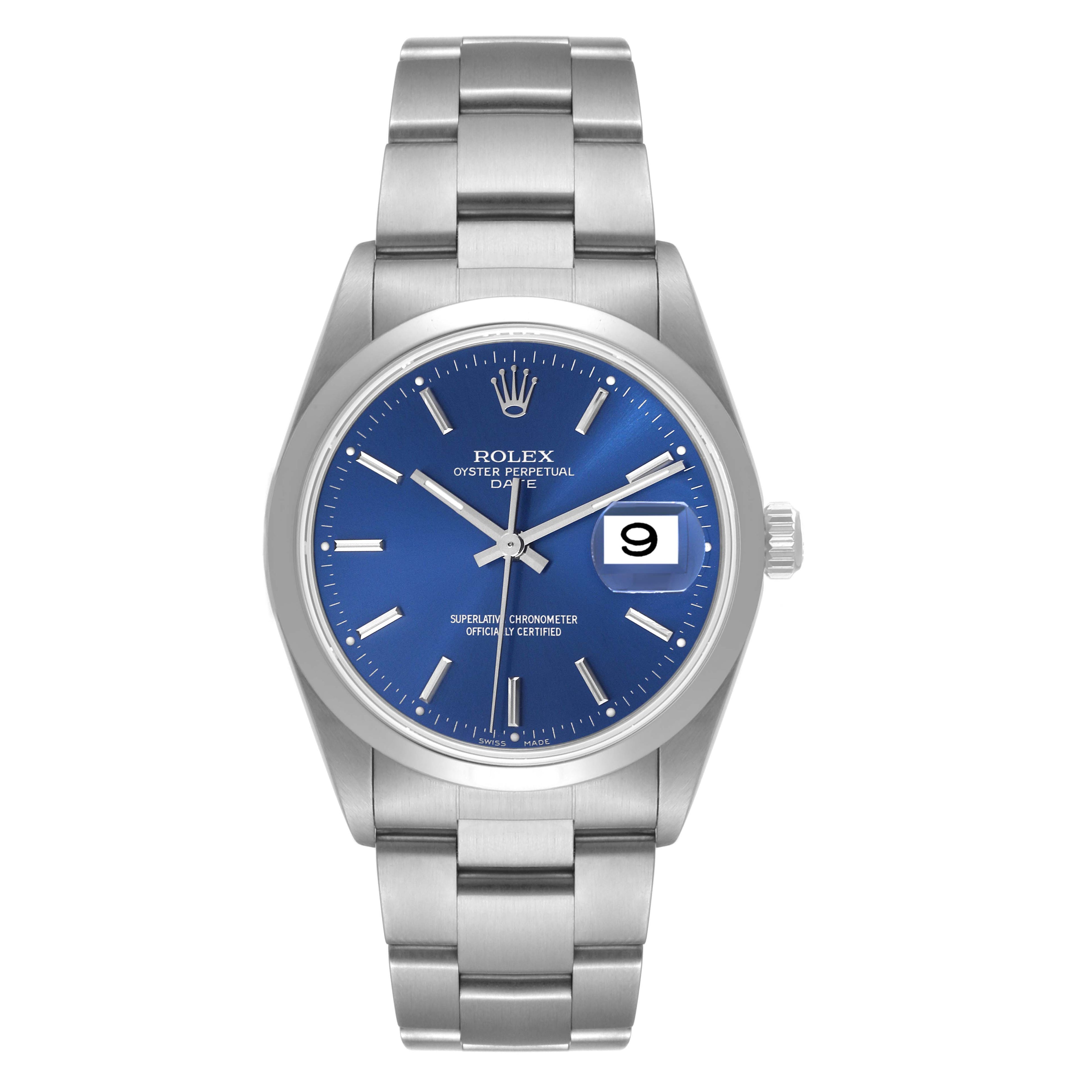 Rolex Date Blue Dial Smooth Bezel Steel Mens Watch 15200 Papers