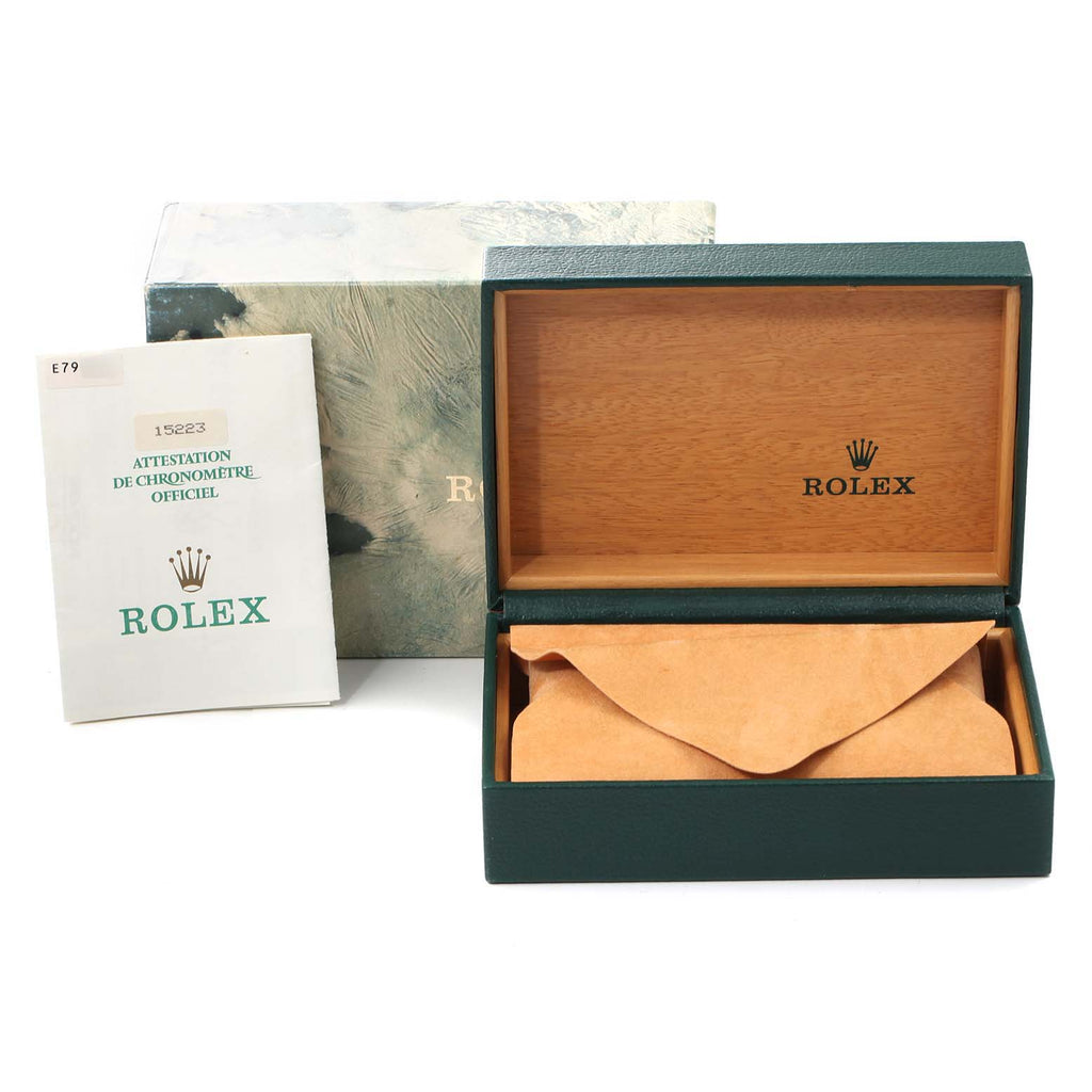 Rolex Date Mens Steel 18k Yellow Gold Silver Dial Watch 15223 NOS Box Papers