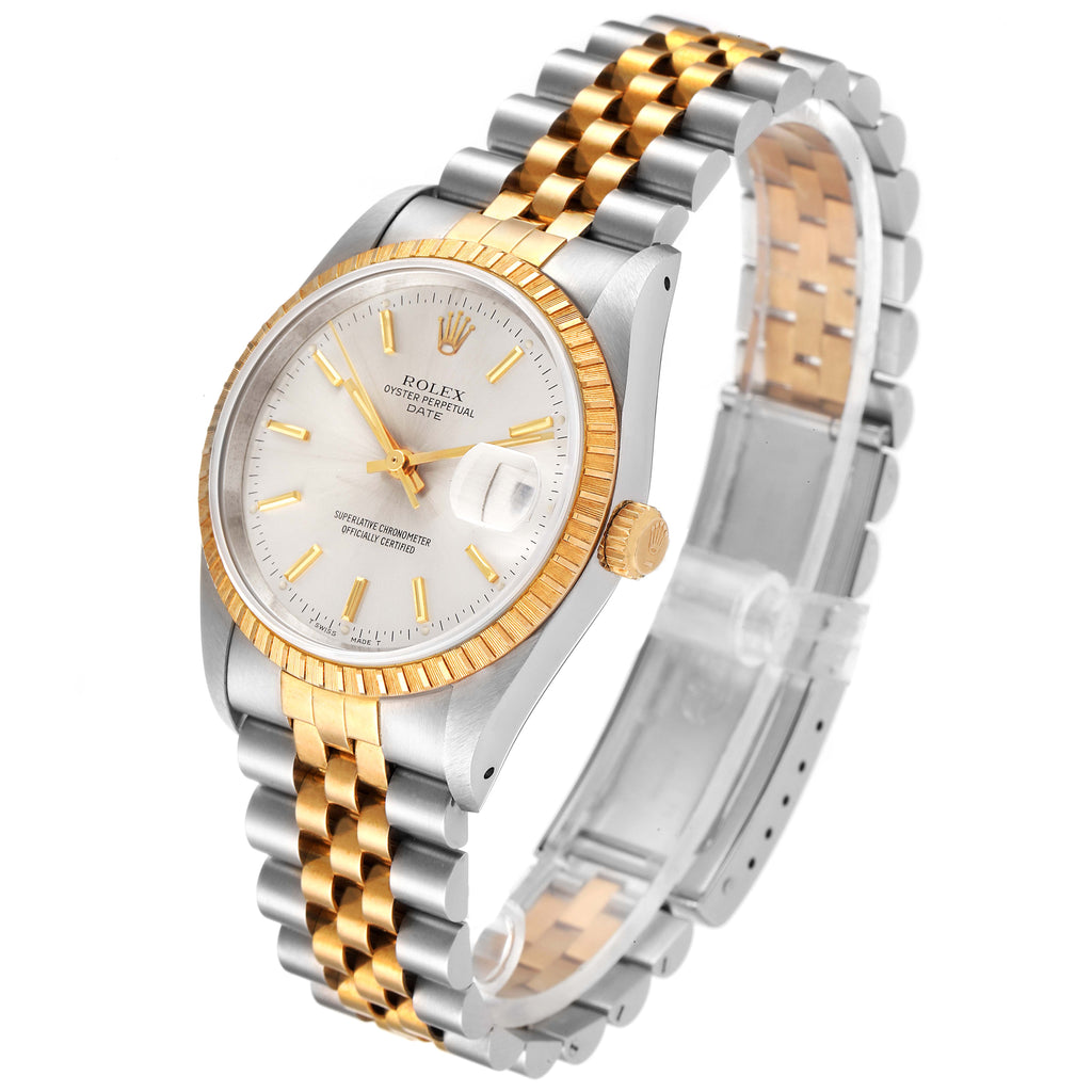 Rolex Date Mens Steel 18k Yellow Gold Silver Dial Watch 15223 NOS Box Papers